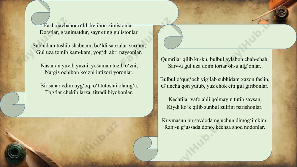dan ko‘m-ko‘k maysalarning yashnab turishi, bahor buluti onda-sonda tashlab turgan tomchilar va yaratganning san’atiga lol-u qoyil oshufta ko‘ngil... o‘zbek tilining ifoda imkoniyatlaridan mahorat bilan foydalangan shoir shunchaki axborot berib qolmay, g‘azalxonda kuchli his-tuyg‘u uyg‘otishga erishadi: subhidam tushib shabnam, bo‘ldi sabzalar xurram, gul uza tomib kam-kam, yog‘di abri naysonlar. furqat ko‘klam manzarasini o‘z holicha tasvirlamaydi, uni jonlantiradi. u atrofdagi har bir unsurni – masalan, nastaran, yosuman va nargis gullarini dilga yaqin kishiga munosabati nuqtayi nazaridan tasvirlaydi. ularda “yoronlar”, ya’ni yor-jo‘ralarga intizorlik, intiqlik ko‘radi. kishi ko‘zini quvontirayotgan bahoriy ko‘katlar shunchaki go‘zal emas, balki yaqinlarni kutib olishga hozirlik ko‘rayotganligi sabab go‘zaldir: nastaran yuvib yuzni, yosuman tuzib o‘zni, nargis ochibon ko‘zni intizori yoronlar. ko‘klamning eng sara chechaklari sara odamlar – yoronlarni kutib olishga hozirlik ko‘rishadi. furqat tabiatni tinimsiz harakatda ko‘rsatadi. ko‘klam manzarasi, undagi o‘zgarishlarni, almashinishlarni jonli tasvirlaydi: bir sahar edim uyg‘oq: o‘t tutashdi olamga, tog‘lar chekibon larza, titradi biyobonlar. tabiat go‘zalligiga oshufta lirik qahramon …