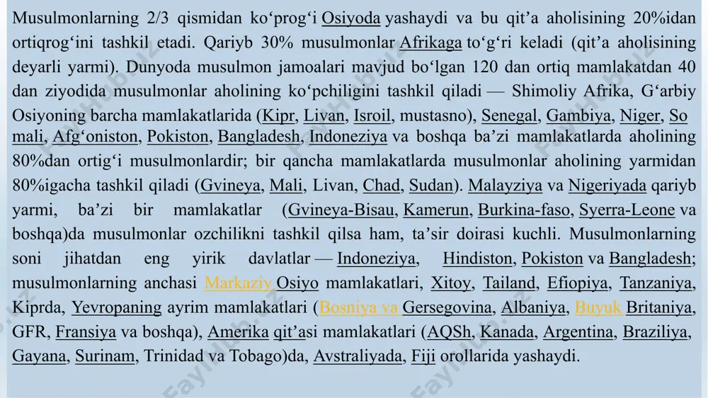 , quyosh, oy va yulduzlarga ibodat qilishgan. arabistonda islomgacha bo‘lgan e’tiqodlar “johiliya” so’zi arab tilida bilimsizlik, nodonlik ma’nolarini beradi. islomdan avval arablar orasida “al-vasaniya” – ko’pxudolik hukm surib, ular yakkaxudolik e’tiqodidan bexabar bo’lganligi sababli bu davr “johiliya” deb atalgan. arabiston yarim orolida yahudiylik bilan bir qatorda xristianlik dini ham tarqalgan. islomdan oldin arabistonning ko’p joylarida yahudiy jamoalari mavjud bo’lgani haqida ma’lumotlar bor. yahudiylar bilan birga arabiston yarim oroliga yahudiy dini ham kirib keldi. “islom” – (arab. bo’ysunish, itoat etish) – allohga til bilan imon keltirib, dil bilan tasdiqlash, uning ko’rsatmalariga bo’ysunishni anglatadi. islom dini-alloh taolo tomonidan muhammad (s.a.v) orqali butun insoniyatga yuborgan dinidir. alloh taolo aytadi “men sizlarga ne’matimni to’kis qilib berdim va sizlar uchun islomni din qilib tanladim “ ( moida surasi 3-oyat mazmuni.) payg‘ambarlik va vahiyning talqini. muhammad ibn abdulloh ibn abd al-muttalib arabiston tarixida “fil voqeasi” nomi bilan mashhur jangdan 50 kun keyin tavallud topgani haqida ilk …