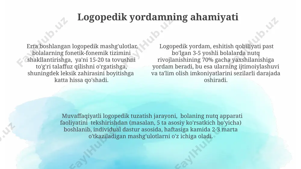 gik reabilitatsiya va logopediya yordami bilan bolaning kommunikativ rivojlanishida sezilarli darajada yaxshilanishlarni ta'minlaydi, 80% gacha muvaffaqiyatga erishish mumkin. erta diagnostika, bolaning til va nutq rivojlanishi uchun muhim ahamiyatga ega bo'lib, 5 yoshgacha aniqlangan muammolar maxsus ta'lim dasturlari orqali samarali tuzatiladi va bolaning ijtimoiylashuviga ijobiy ta'sir ko'rsatadi. tilni rivojlantirish usullari tilni rivojlantirishda 3-5 yoshli bolalar uchun moslashtirilgan o'yinlar va amaliy mashqlar, masalan, rasmli kartalar yordamida so'z boyligini oshirish, og'zaki va imo-ishorali nutqni birgalikda qo'llash samarali hisoblanadi. alternativ va qo'shimcha aloqa usullari (aac), masalan, rasmli jadvallar yoki kommunikatsiya qurilmalari yordamida, bolaning fikrlarini ifoda etish imkoniyatini kengaytirib, 50% ga yaqin muvaffaqiyatga erishish mumkin. eshitish qobiliyati zaif bolalar bilan ishlaganda, auditory-verbal terapiya uslubi orqali tovushlarni farqlash va takrorlashga qaratilgan 10-15 minutlik muntazam mashg'ulotlar muhim rol o'ynaydi. ovozni shakllantirish mashqlari ovozni shakllantirish mashqlari 3-5 yoshli bolalar uchun individual yondashuvni talab qiladi, har bir bolaga moslashtirilgan 10-15 ta mashqni o’z ichiga oladi, bu esa tovush hosil …