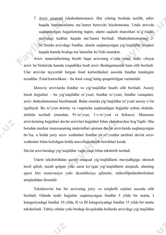 tekshiriladi. tabiiy ofatlar yoki boshqa favqulodda hollarda arxivdagi yig’majildlar navbatdan tashqari ravishda tekshirilishi mumkin. yilda yoki har kvartalda bir marta tadqiqotchilarga berilgan yig’majildlar teshkirilishi shart. foydalanilgan adabiyotlar 1. alimov i., ergashev f., bo’tayev a. arxivshunoslik: o’quv qo’llanma. toshkent, 1997. 2. теория и практика архивного дела в узсср. под ред. ф. и. долгих и и. к. руделсон. москва, 1980. 3. архивы // историческая энциклопедия. т. 1. москва, 1961, 4. arxivlar // o’zbekiston milliy ensiklopediyasi. 1-jild. toshkent, 2000. 5. xolmatova m. arxivlar hamkorligi // xalq so’zi. 2003. 19 iyun. 6. alimov i va b. arxivshunoslik. toshkent, 1997. 7. asqarov a. o’zbekiston tarixi. toshkent, 1994. 8. is’hoqov m. unutilgan podsholikdan xatlar. toshkent, 1992. 9. oronyuk b., aliyev b. arxivlar – hujjatlar qal’asidir // sharq yulduzi. 10. набиев р. из истории кокандского хаства. тошкент, 1973. 11. троицкая а. л. каталог архива кокандских ханов. москва, 1968. 12. иванов п. п. архив хивинских ханов //записи ив …