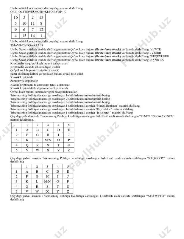 3, 1, 5, 6, 2; k2 = 3, 4, 2, 1, 5, 6, 8, 7; k3 = 2, 1, 3, 4, 8, 7, 5, 6; “registon_maydonida” matnini gamilton marshrutiga asoslangan shifrlash usuli yordamida shifrlang. k1 = 4, 8, 7, 3, 1, 5, 6, 2; k2 = 3, 4, 2, 1, 5, 6, 8, 7; k3 = 2, 1, 3, 4, 8, 7, 5, 6; “uchrashuv joyi markaz” matnini gamilton marshrutiga asoslangan shifrlash usuli yordamida shifrlang. k1=8, 6, 2, 4, 3, 7, 5, 1 k2=6, 2, 1, 3, 4, 8, 7, 5 “obyekt nishonga olindi va kuzatuvda” matnini gamilton marshrutiga asoslangan shifrlash usuli yordamida shifrlang. k1=2, 4, 7, 8, 6, 5, 2, 3; k2=5, 6, 2, 1, 3, 4, 8, 7; k3=1,2,4,3,7,8,6,5; “shifrlangan_matn_ekranga_chiqadi” matnini gamilton marshrutiga asoslangan shifrlash usuli yordamida shifrlang. k1 = 24863157, k2=46821375, k3=81673425, k4=57842316 gamilton marshrutiga asoslangan shifrlash usuli yordamida shifrlangan ushbu matnni deshifrlang “hrloquseom_asdidi*n” shifr matnini matnini …