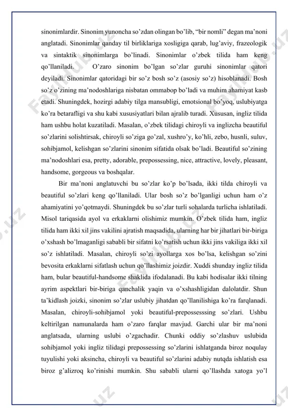 dalanadi. bu kabi hodisalar ikki tilning ayrim aspektlari bir-biriga qanchalik yaqin va o’xshashligidan dalolatdir. shun ta’kidlash joizki, sinonim so’zlar uslubiy jihatdan qo’llanilishiga ko’ra farqlanadi. masalan, chiroyli-sohibjamol yoki beautiful-prepossesssing so’zlari. ushbu keltirilgan namunalarda ham o’zaro farqlar mavjud. garchi ular bir ma’noni anglatsada, ularning uslubi o’zgachadir. chunki oddiy so’zlashuv uslubida sohibjamol yoki ingliz tilidagi prepossessing so’zlarini ishlatganda biroz noqulay tuyulishi yoki aksincha, chiroyli va beautiful so’zlarini adabiy nutqda ishlatish esa biroz g’alizroq ko’rinishi mumkin. shu sababli ularni qo’llashda xatoga yo’l qo’ymaslik va e’tiborli bo’lish talab etiladi. yuqorida ta’kidlab o’tganimdek, sinonim so’zlar frazeologizmlar(iboralar) orasida ham uchraydi. masalan, o’zbek tilidagi “do’ppisini osmonga otdi” va “og’zi qulog’iga yetdi” kabi iboralari bir xil ma’noni ya’ni, “xursand bo’ldi” degan ma’noni anglatadi. bu iboralarni majoziy ma’noda qabul qilmasak, albatta, bir- biriga uzviy bog’liq bo’lmagan so’z birikmalarini ko’rishimiz mumkin. ammo, ularning frazeologizm sifatidagi asosiy negizi bir nuqtaga taqaladi. ushbu hodisani ingliz iboralari orasida ham kuzatishimiz mumkin. bunga misol keltirishdan …