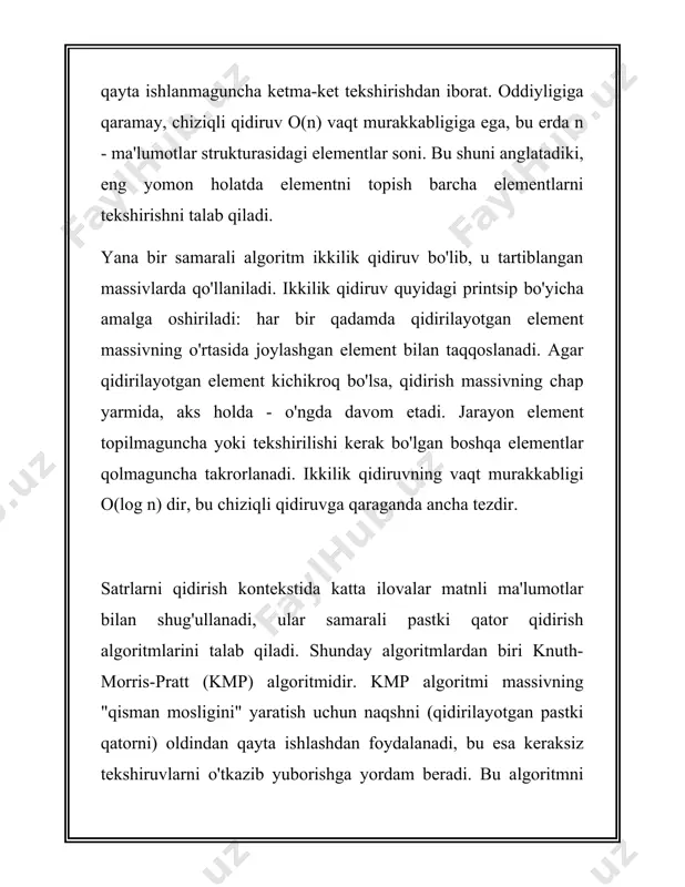 3. **logarifmik murakkablik \( o(\log n) \):** bajarilish vaqti logarifmik ravishda ortadi. misol: ikkilik qidiruv. 4. **chiziqli-logarifmik murakkablik \( o(n \log n) \):** misol: birlashtirish va tez tartiblash. 5. **eksponensial murakkablik \( o(2^n) \):** bajarish vaqti kiritilgan ma’lumotlarning o‘lchami bilan eksponent ravishda ortib boruvchi algoritmlar. misol: barcha quyi tarmoqlarni sanash algoritmi. #### fazoviy murakkablik kosmik murakkablik algoritmga kirish ma'lumotlarining hajmiga qarab vazifani bajarish uchun qancha xotira kerakligini ko'rsatadi. bu quyidagilarga bog'liq bo'lishi mumkin: - ** qarshilik qiluvchi xotira: ** kirish ma'lumotlarining hajmidan qat'i nazar, xotira band bo'ladi. - **bog'liq xotira:** kirish ma'lumotlarining hajmiga bevosita bog'liq bo'lgan xotira. misollar: ikki tartibli massivni birlashtirish uchun odatda ularning umumiy hajmiga mutanosib qo'shimcha xotira kerak \(o(n+m)\). #### amaliy samaradorlik amaliy samaradorlik quyidagi omillar tufayli nazariy samaradorlikdan farq qilishi mumkin: - **protsessor optimallashtirish** va **keshdan foydalanish:** ba'zi algoritmlar keshdan samarali foydalanadi, bu esa ularning bajarilishini tezlashtiradi. - **paralellik:** ko'p bosqichli hisoblash uchun optimallashtirilgan algoritmlar ko'p …