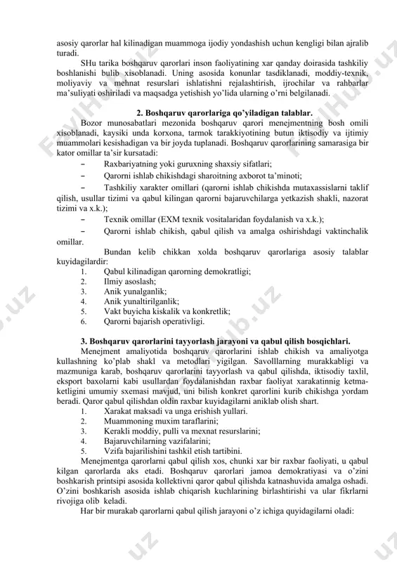 ini struktura va o’zaro alokalarni o’zgartirmasdan ushlab turishdir. bu qarorlarni raxbar maxsus tayyorgarliksiz yetarlicha tez qabul kiladi. bunday qarorlarga xodimlarni ishga olish va bushatish, ularning ish xaklarini o’zgarishi, korxonani kishga tayyorlash xakidagi va shu kabi xujjatlarni kiritish mumkin. xarakat doirasi buyicha boshqaruv qarorlarini iktisodiy, tashkiliy, ijtimoiy, texnik va texnologik qarorlarga bulish mumkin. qarorlar ta’sir qilish yunalishi buyicha tashki va ichki buladi. tashki qarorlar boshka darajaga karatiladi, ichki qarorlar esa aloxida bulimlar yoki karatiladi, ichki qarorlar esa aloxida bulimlar yoki korxonani kamrab oladi. boshqaruv qarorlari funktsional mazmuni buyicha iktisodiy, tashkiliy, koordinatsion, ragbatlantiruvchi, boshqaruvchi va nazorat qarorlarga bulinadi. mexnat turi buyicha qarorlar standart va nostandart qarorlarga bulinadi. standart, ba’zan dasturiy qarorlar - bu qarorlarning o’zini ishlab chikish va uni qabul qilish jarayonidagi qarorlardir. dasturlash va uni qabul qilish jarayonidagi qarorlardir. dasturlash mumkin bo’lgan qarorlar orasida shunday standart bosqichga yetdiki, ularni matematik model shaklida tasvirlash mumkin. nostandart qarorlar - bu eng murakkab, asosiy …
