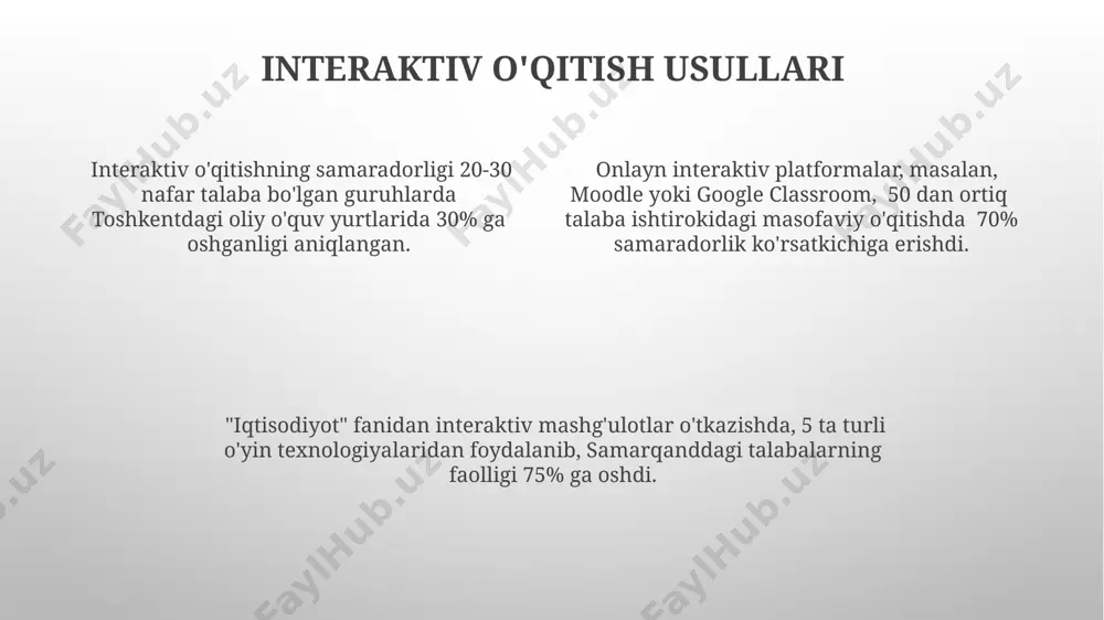 a o'tkazilgan tadqiqot shuni ko'rsatdiki, o'yinlashtirilgan o'quv usullari motivatsiyani 30% ga oshirgan. toshkent shahridagi 2 ta maktabda qo'llanilgan individual yondashuv natijasida, o'quvchilarning 85% o'zlarining o'quv natijalariga nisbatan ijobiy munosabatda bo'lishgan. o'quv jarayoniga 7 ta turli o'quv materiali (masalan, video, audio va interaktiv topshiriqlar)ni qo'shish o'quvchilarning qiziqishini va shuningdek, motivatsiyasini sezilarli darajada oshiradi. o'quv materiallarini tanlash va tayyorlash turli o'quv uslublarini inobatga olgan holda, 5 xil turdagi o'quv materiallarini (matn, audio, video, interaktiv mashqlar, testlar) tayyorlash, toshkent shahridagi it-kompaniyalarning tajribasiga asoslanib, o'quv jarayonini diversifikatsiya qilishga yordam beradi. o'quv materiallarini tayyorlashda, amerika qo'shma shtatlarining "bloom taksonomiyasi" asosida, 6 ta kognitiv darajani (bilim, tushunish, qo'llash, tahlil, sintez, baholash) qamrab oluvchi savollar va topshiriqlarni kiritish kerak. o'quv materiallarini tanlashda, 20-30% amaliy mashqlar, 30-40% nazariy bilimlar va 10-20% mustaqil o'rganishga mo'ljallangan materiallar samarqanddagi pedagogika instituti tajribasiga ko'ra samarali deb topilgan. o'quv jarayonini boshqarish o'quv jarayonini monitoring qilishda, 20% nazariy bilimlarga, 80% amaliy mashg'ulotlarga e'tibor qaratish …