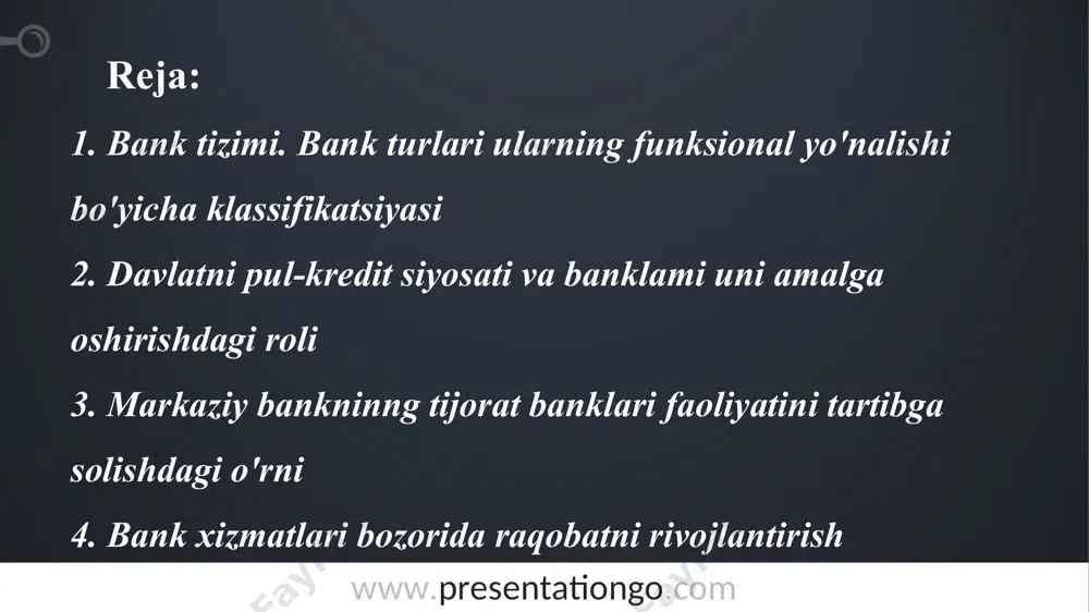aqidagi topshiriqlarini bajarish majburiyatini zimmasiga oladi mijozning hisobvarag‘idan tegishli pul mablag‘larini o‘tkazish hamda berish bank tomonidan shartnomaga muvofiq mijozga ochilgan hisobvaraq bo‘lib © copyright presentationgo.com – the free powerpoint and google slides template library * www.presentationgo.com © presentationgo.com banklar o'z faoliyatida mulkchilik shaklidan qat'i nazar, barcha korxonalar, tashkilotlar, muassasalar, aholi, boshqa banklar va davlat bilan iqtisodiy munosabatlarga ega. ushbu munosabatlar hisoblarni ochish kabi masalalarda va vaqtinchalik bo'sh mablag'lar orqali kreditlashda namoyon bo'ladi kassa o'zaro hisob-kitoblarda brokerlik operatsiyalari © copyright presentationgo.com – the free powerpoint and google slides template library * www.presentationgo.com © presentationgo.com keyin sektorlar tomonidan moddiy tovarlarga qo'shimcha qiymat yaratadigan kreditlarga, ya'ni kapitalga aylantiradilar. banklar aholining vaqtincha bo'sh mablag'larini turli xil depozitlarga jalb qiladi avval ularni real daromad jamg'armalariga aylantiradilar © copyright presentationgo.com – the free powerpoint and google slides template library * www.presentationgo.com © presentationgo.com banklar davlatning vaqtincha bo'sh mablag'larini saqlab, davlat byudjetining kassa ijro etilishini ta'minlaydi va …