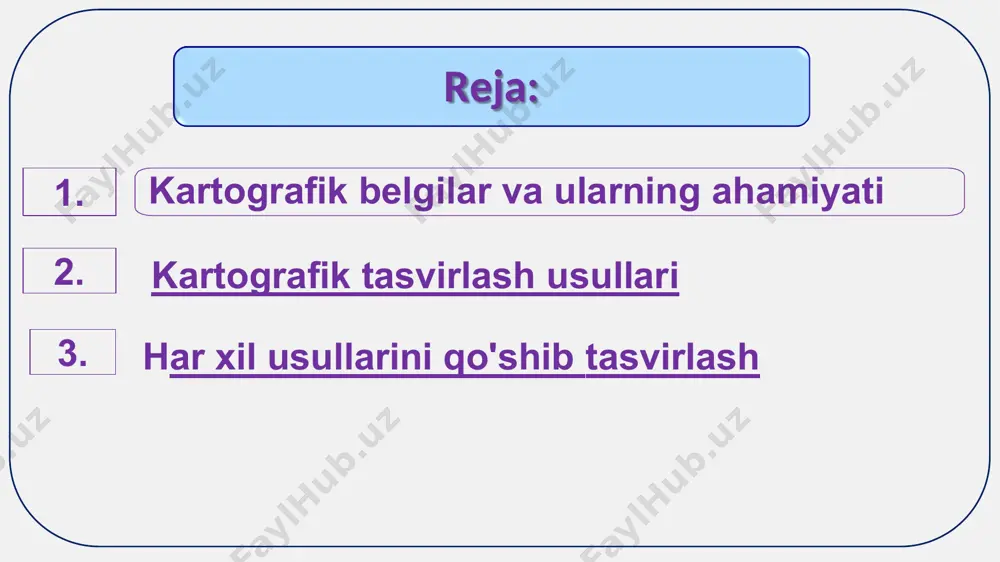llar usuli 4) sifatli rang usuli miqdorli rang usullari chiziqli belgilar usuli 7)teng chiziqlar usuli 8) harakatdagi 9)nuqtalar usuli 10) kartodiagramma usuli, 11) kartogramma usuli 2. belgilar usuli kartografik tasvirlash usullari kartalardagi barcha voqea va hodisalar belgilar bilan ko‘rsatiladi. topografik va obzor-topografik kartalarda esa bu belgilar faqat sifatni anglatadi va miqdor ko‘rsatkichlarni ifodalamaydi. mayda masshtabli mavzuli kartalarda ishlatiladigan belgilar topografik kartalardagi belgilardan shakli, mazmuni jihatidan farq qiladi. belgilar usulida voqea- hodisalarning geografik o‘rni, miqdori va sifati ko‘rsatilib, ular geometrik, harfli va ko‘rgazmali bo‘ladi. geometrik belgilar belgilar usuli harfli belgilar ko‘rgazmali belgilar bir joyga tegishli diagrammalar usuli kartografik tasvirlash usullari bu usulda tuzilgan kartalarda tasvirlangan voqea va hodisalar absolut va nisbiy miqdorlarda ko‘rsatilishi mumkin. miqdorlar har xil diagrammalar, shkalalarga bo‘lingan grafiklar shaklida ifodalanadi. areallar usuli teng chiziqlar usuli areallar usuli bilan tuzilgan kartalar ham umumgeografik, ham mavzuli kartalardir. areallar usuli ko‘proq maydon va makon bilan bog‘liq bo‘lganligi uchun ko‘proq o‘simlik (geobotanik), …