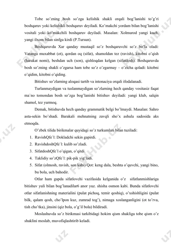 aydi, u predikativli munosabatda uchraydi. hozirgi o`zbek tilida ega va kesim moslashuv yo`li bilan bog`lanadi. kesim ega bilan shaxs va sonda moslashadi. masalan: kuz boshlanadi. uzumlar uzildi. toklar kumildi. (“sharq yulduzi”). lekin ba`zan ega va kesim sonda doimo moslashishi shart emas: o`quvchilar keldilar, o`quvchilar kelishdi, o`quvchilar keldi. shunga ko`ra, moslashuvda to`liq va to`liqsiz moslashuvni kuzatish mumkin. bog`li aloqalarni barcha turlari orqali tobe qism xokim qismning valentligini yuzaga chiqarish uchun xizmat qilsa, erkin aloqada tobe qism xokim qismning valentligini yuzaga chiqarmaydi. erkin aloqa bog`li aloqa tarkibidagi boshqaruvga uxshaydi. shuning uchun hozirgi o`zbek tilshunosligida bunday birikmalar ot boshqaruvi nomi ostida o`rganilmoqda. erkin aloqaga kiruvchi birikmalar boshqaruvdan muhim belgisi bilan farqlanadi. erkin aloqada xokim qismning umumiy kotegorial ma`nosi ham, xususiy grammatik ma`gosi ham tobe qismni boshqaruv shaklida kelishini talab etmaydi. masalan, sovg`a, xat, raxmat, so`zlari o`zlari uchun izchil bir shaklni talab etmaydi. bolalarga sovg`a, bolalardan sovg`a, bolalarda sovg`a: akamdan xat, akamga xat, xat; …