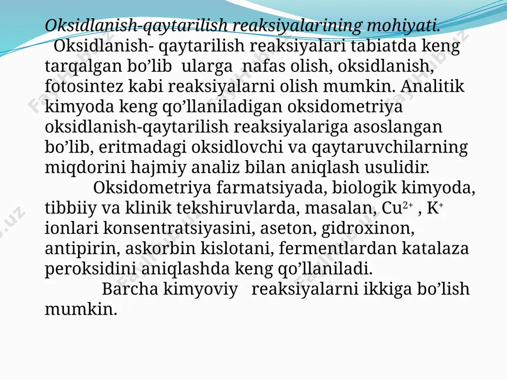 h darajasini belgilash lozim. p4s7 - nomolekulyar tuzilishga ega bo’lgan birikmadir. bunday birikmalar ishtirokidagi reaksiyalarga koeffitsiyent tanlashda birikmadagi elementlarning oksidlanish darajalarini 0 ga teng deb qabul qilamiz. kons suy p4s7 + hno3 → h3po4 + h2so4 + no2 + h2o p4s7 + hno3 + h2o → h3po4 + h2so4 + no ion balans usuli nano2 + kmno4 + h2so4 → nano3 + mnso4 + k2so4 + h2o oksidlovchi va qaytaruvchilarning ekvivalentini hisoblash oksidlovchi yoki qaytaruvchining ekvivalentini topish uchun, uning nisbiy atom yoki molekulyar massasini reaksiya davomidagi oksidlanish darajasining o’zgarish birligiga bo’lish lozim. +7 +2 kmno4 → mnso4 farq = 5 1. kmno4 uchun: 2. mno4 ioni uchun: 3. mn uchun: bu yerda: ∆ne ▬ elektronlar ya’ni oksidlanish darajasining farqi oksidlanish – qaytarilish reaksiyalariga eritma muhitining ta’siri h+ nano2 + kmno4 + h2so4 → nano3 + mnso4 + k2so4 + h2o oh- nano2 + kmno4 + koh → nano3 + k2mno4 …
