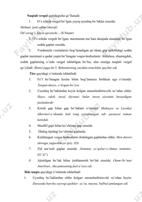 i qachonlardan beri saqlab keladi) chiqarib sekingina tashladi. (o.); maryamxonim (yig’lab); majburiyat keltirdi mani? (h.h) 3. misol yoki ko’chirmalar manbai qavs ichida beriladi: “turk nazmida men chu tortib alam...” (navoiy) qo’shtirnoq quyidagi o’rinlarda qo’llanadi: 1. ko’chirma gaplarni ajratib ko’rsatish uchun qo’yiladi. 2. kinoya bilan aytilgan so’z yoki so’z birikmalari qo’shtirnoqqa olinadi. 3. badiiy asarlar, ayrim uyushma, korxonalar nomi, orden va medal nomlari qo’shtirnoqqa olinadi: “layli va majnun” dostoni, “mustaqqillik ordeni”, “yulduz”ishlab chiqarish birlashmasi. qo’shtirnoqqa olingan so’z turlovchi qo’shimcha bilan kelsa, bu qo’shimcha qo’shtirnoqdan keyin qo’yiladi:... erining “kirdikori ”dan xabardor bo’lganday o’smoqchiladi shakarxon. (h.n) gaplar qo’shtirnoqqa olinganda so’roq, undov belgilari qo’shtirnoq ichida, nuqta, vergul qo’shtirnoqdan tashqarida qo’yiladi. lingvistik tahlil metodlari tilshunoslik fanining o’rganish sohasi bo’lgan tilni har tomonlama tahlil qilish fan taraqqiyotiga mos metodlarni taqozo etadi . har bir sohani tahlil etuvchi har qanday metod quyidagi talablarga javob berishi lozim. 1 . metod obyektiv bo’lmog’i kerak . metodning qo’llanish vaqti va …
