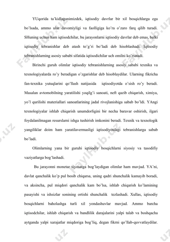 atlar miqdori qanchalik ko’p bo’lsa, ishlab chiqarishning o’sishi katta foyda olib keladi. shuning uchun ishlab chiqarish, bandlilik va daromadlar darajasi ortib boradi. iqtisodiy tebranishlar sabablarini, ularga ta’sir etuvchi omillarni o’rganish, iqtisodiy tebranishlar amplitudasini qisqartirish barcha hukumatlar makroiqtisodiy siyosatining muhim maqsadlaridan biridir. 2. ishsizlik tushunchasi va ishsizlik darajasining o’lchanishi. iqtisodiyotning beqaror rivojlanishi oqibatida, iqtisodiy pasayish davrida ishlab chiqarish resurslari to’liq foydalanilmay qoladi. yaimni yaratishda qatnashadigan iqtisodiy resurslarning eng asosiylaridan biri bo’lgan mehnat resurslaridan to’liq foydalanilmaslik ishsizlikda namoyon bo’ladi. makroiqisodiy tahlilda mehnat resurslari emas balki ishchi kuchi kategoriyasidan ko’proq foydalaniladi. ishchi kuchi yoki iqtisodiy faol aholi deganda mehnatga layoqatli yoshdagi ishlayotgan va ishsiz yurgan aholining umumiy soni tushuniladi. mehnat bozorida boshqa resurslar bozori singari talab va taklif qonuni amal qiladi. ishchi kuchining bahosi hisoblangan real ish haqi hajmi oshsa ishchi kuchiga bo’lgan talab qisqaradi, agar real ish haqi hajmi kamaysa ishchi kuchiga bo’lgan talab ortadi, ishchi kuchi taklifi esa kamayadi. ishchi kuchiga …