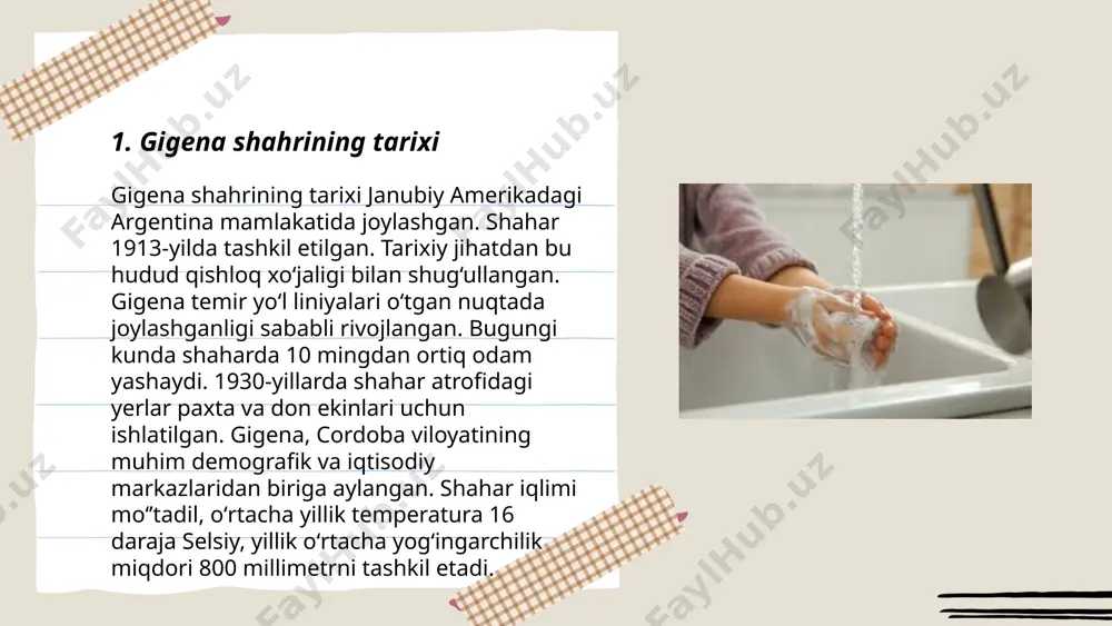 pi ichki mahsulotining 5,2% ini tashkil etdi. ahamiyatli joylar: samarqand, buxoro va xivada turistlar oqimi 20% ga ko‘paydi. turizm sohasiga davlat investitsiyalari 200 million aqsh dollarini tashkil etdi, infratuzilma yaxshilandi va yangi turistik marshrutlar ishlab chiqildi. ... t.me/slaydai_bot 7. gigenaning mahalliy taomlari gijan shahridagi milliy taomlar asosan o'zbek oshxonasiga xos. palov eng mashhur taomlardan biri bo'lib, maxsus ziravorlar va go'sht bilan tayyorlanadi. oshpazlar odatda 2:1 nisbatda guruch va suvdan foydalanadilar. gijanliklar shashlikni ham yaxshi ko'rishadi, u 180 daraja haroratda tayyorlanadi. nonushta uchun ko'pincha qovurilgan tuxum va yangi pishirilgan non tanlanadi. ko'cha bozorlarida chak-chak sotib olish mumkin, bu asal bilan shirindor qilingan xamir bo'lagidan iborat. mahalliy odamlar asosan choy ichishadi, ko'pincha ko'k va qora choy aralashtiriladi. barcha taomlar odatda uyda, oila davrasida iste'mol qilinadi. ... t.me/slaydai_bot g'ijgonchilik va chorvachilik o'zbekistonning iqtisodiy tarmoqlaridan biri bo'lib, mamlakatning qishloq xo'jaligi ishlab chiqarishida katta ahamiyatga ega. 2022 yilda o'zbekistonda don mahsulotlari yetishtirish hajmi 10 million …