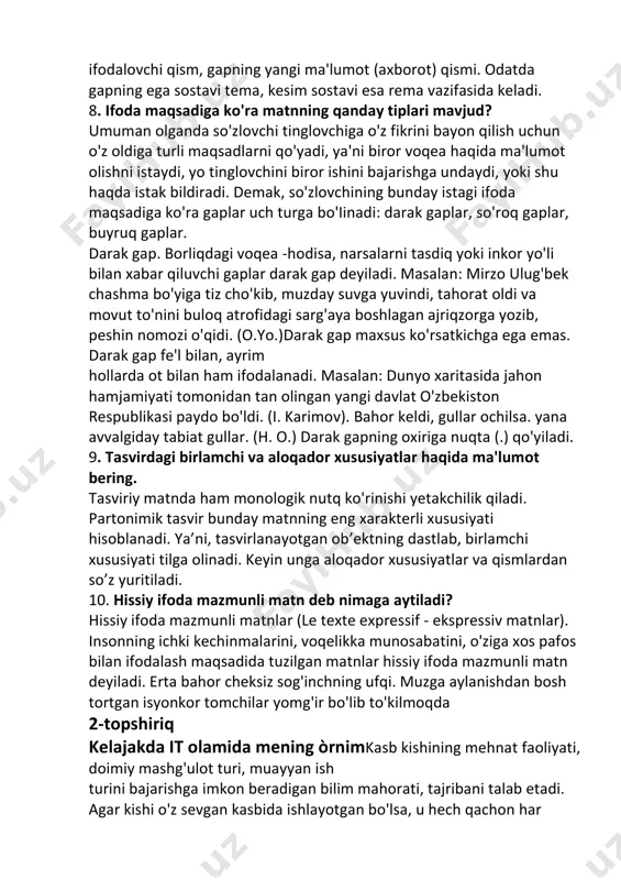 lum (tanish) bo'lgan narsani ifodalovchi, yangi narsani ifodalashga o'tish uchun asos xizmatini bajaruvchi qismga aytiladi. rema (rheme-commentaire ma'lumot, sharh) esa temadan keyin kelib so'zlovchi tinglovchiga (o'quvchiga) bildirmoqchi, aytmoqchi bo'lgan yangi xabar mazmunini ifodalovchi qism, gapning yangi ma'lumot (axborot) qismi. odatda gapning ega sostavi tema, kesim sostavi esa rema vazifasida keladi. 8. ifoda maqsadiga ko'ra matnning qanday tiplari mavjud? umuman olganda so'zlovchi tinglovchiga o'z fikrini bayon qilish uchun o'z oldiga turli maqsadlarni qo'yadi, ya'ni biror voqea haqida ma'lumot olishni istaydi, yo tinglovchini biror ishini bajarishga undaydi, yoki shu haqda istak bildiradi. demak, so'zlovchining bunday istagi ifoda maqsadiga ko'ra gaplar uch turga bo'iinadi: darak gaplar, so'roq gaplar, buyruq gaplar. darak gap. borliqdagi voqea -hodisa, narsalarni tasdiq yoki inkor yo'li bilan xabar qiluvchi gaplar darak gap deyiladi. masalan: mirzo ulug'bek chashma bo'yiga tiz cho'kib, muzday suvga yuvindi, tahorat oldi va movut to'nini buloq atrofidagi sarg'aya boshlagan ajriqzorga yozib, peshin nomozi o'qidi. (o.yo.)darak gap …