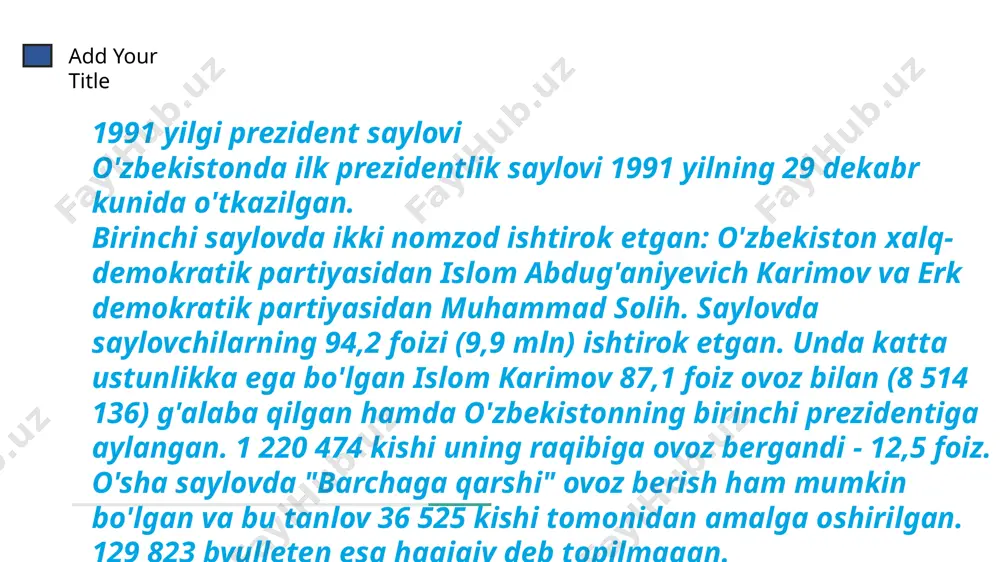 rakati — o'zbekiston liberal-demokratik partiyasidan ko'rsatilgan nomzod islom abdug'aniyevich karimovni yoqlab ovoz berdi. o'zbekiston “milliy tiklanish” demokratik partiyasidan ko'rsatilgan nomzod akmal xolmatovich saidovga 582 ming 688 nafar yoki 3,08 foiz saylovchi, o'zbekiston xalq demokratik partiyasidan ko'rsatilgan nomzod hotamjon abdurahmonovich ketmonovga 552 ming 309 nafar yoki 2,92 foiz saylovchi, o'zbekiston “adolat” sotsial-demokratik partiyasidan ko'rsatilgan nomzod narimon majitovich umarovga 389 ming 24 nafar yoki 2,05 foiz saylovchi ovoz berdi. add your title 2016 yilgi prezident saylovi 2016 yilning sentabrida o'zbekistonning birinchi prezidenti islom abdug'aniyevich karimov vafot etdi va maxsus majlisda “o'zbekiston respublikasi prezidenti saylovi to'g'risida”gi qonunga asosan shu yilning 4 dekabrida muddatidan oldin prezidentlik saylovlari o'tkazilishi belgilandi. markaziy saylov komissiyasi ma`lumotiga ko'ra, 4 dekabr kuni bo'lib o'tgan saylovda 17,94 million saylovchi ishtirok etdi va davomat 87,83 foizni tashkil qildi. bu o'zbekistondagi prezidentlik saylovlari tarixidagi nisbatan eng past ko'rsatkichdir. yuqorida aytilganidek, 2007 yilgi saylovda davomat 90,06 foizni, 2015 yilgi saylovda esa 91,01 foizni …