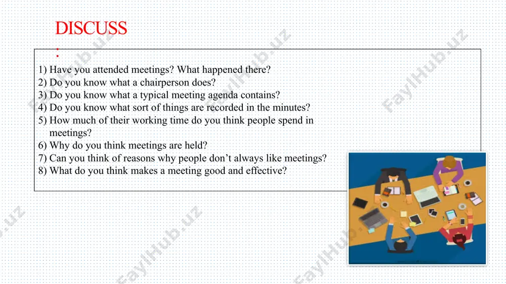 conference meeting purpose: to share information, updates, and ideas among a larger group, often involving people from different locations. workshops purpose: to provide training, learning, or skills development for participants. one-on-one meeting purpose: to discuss individual performance, goals, challenges, or feedback between a manager and an employee. annual general meeting (agm) purpose: to report on the company’s yearly performance, financial status, and future plans to shareholders and stakeholders. types of meetings meeting minutes are notes that are recorded during a meeting. they highlight the key issues that are discussed, motions proposed or voted on, and activities to be undertaken. the minutes of a meeting are usually taken by a designated member of the group. their task is to provide an accurate record of what transpired during the meeting. the agenda is the version of the meeting plan shared with meeting attendees. a meeting agenda may include a list of topics …