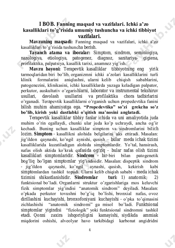 l qoyiladi, bularga quyidagi sabablar bo’ladi; diagnostik xatolar sabablari (r.xegtlin) 1. bilimsizlik; 2. muloqot mahoratiga ega bo’lmaslik; 3. yetarli darajada tekshirmaslik (-texnik imkoniyatsizlik; -vaqt yetishmovchiligi; - ahvoli og’ir bemor); 4. tafakkur davomidagi xatoliklar (konstruktiv tafakkurga ega bo’lmaslik; taklif etilgan diagnoz xatosizligiga o’ta ishonch bilan qarash; manmanlik bilan diagnoz qo’yish; mantiqan xato xulosalar; o’ta qiziq diagnozlar qo’yishga intilish; pessimizm yoki optimizmga moyillik; ikkilanish; hamkasblar fikrini mensimaslik); vrach xatoliklari turi (n.i. krakovskiy va yu. ya. grisman 1959) – diagnostik; -davolash taktik; -davolash texnik; -tashkiliy; - hujjatlardagi kamchiliklar; -tartibiy kamchiliklar; diagnoz 50% sub’ektiv, 30% ob’ektiv va 20% laborator- instrumental tekshiruv malumotlariga asoslanadi. bazan ob’ektiv tekshiruv ham 100% natija beradi. 6 diagnoz qo’yish 3-bosqichdan iborat; 1. simptomlarni aniqlash; 2. simptomlarni sindromga birlashtirish; 3. sindromlarga asoslanib diagnoz qo’yish; diagnoz klassifikatsiyasi (turlari); 1. xaraktеri va tarkibi bo’yicha: - etiologik, patogеnеtik, nazologik, patologoanatomik, anatomik, patofiziologik. 2. tuzish usuli va asoslashi bo’yicha: - to’g’ri diagnoz, diffеrеntsial diagnoz, bеmorni …