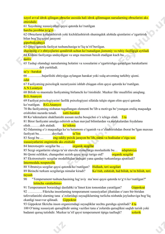 aratishga ………….aytiladi . ixtiyorsiz xayol 54 tush koʼrish xayolning qaysi turiga taalluqli. ixtiyorsiz xayol 55 insonda tush koʼrishi- bu ... jarayon. ongsiz 56 tush koʼrishning fiziologik asosi kim tomonidan oʼrganilgan. i.p.pavlov 57 аmalga oshmaydigan xayol turi qanday nom bilan ataladi. fantastik xayol 58 voqelikning kishilar faoliyati uchun boʼladigan doirasi xayol sifatlaridan qaysi biriga tegishli. xayolning kengligi 59 kishining ahvoliga asab tizimiga bogʼliq boʼlib yaʼni asab tizimining tipikligiga, charchab qolganligiga, sogʼligʼiga, betobligiga bogʼliq boʼladigan xayol sifati. xayolning kuchi 60 quyidagi javoblardan qaysi birida xayol taʼrifi toʼgʼri berilgan. xayol avval idrok qilingan obrazlar asosida hali idrok qilinmagan narsalarning obrazlarini aks ettirishdir. 61 xayolning xususiyatlari qaysi qatorda koʼrsatilgan barcha javoblar toʼgʼri 62 obrazlarni kattalashtirish yoki kichiklashtirish shuningdek alohida qismlarini oʼzgartirish bilan bogʼliq xayol jarayoni giperbolizatsiya 63 qaysi qatorda faoliyat tushunchasiga toʼliq taʼrif berilgan. shaxsning oʼz ehtiyojlarini qondirish uchun koʼrsatadigan jismoniy va ruhiy faolligiga aytiladi 64 kishini faoliyatga undaydigan va unga mazmun baxsh etadigan …