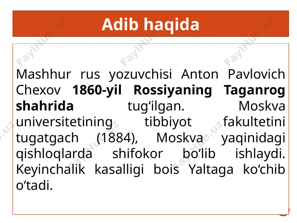 ov» hikoyasi inson umri, erkin hayot, mutolaa, kitobning foydasi, olingan ilmning hayotga tatbiqi, kamolotning darajasi va boshqa hayotiy masalalar haqida fikrlashga undaydi. e’tiboringiz uchun rahmat! foydalanilgan adabiyot: adabiyot [matn] 11-sinf: darslik-majmua: /boqijon to‘xliyev, bahodir karimov, komila usmonova. – toshkent: «o‘zbekiston milliy ensiklopediyasi» davlat ilmiy nashriyoti, 2018. ushbu taqdimot slaydi mahsulotidir. diqqat! ushbu mahsulotni tijoriy maqsadda ko‘paytirish javobgarlikka sabab bo‘ladi! image20.jpg image11.png image21.jpg image22.jpg image23.jpg image24.jpeg image25.jpg image3.png image4.png image6.jpeg image9.png /docprops/thumbnail.jpeg