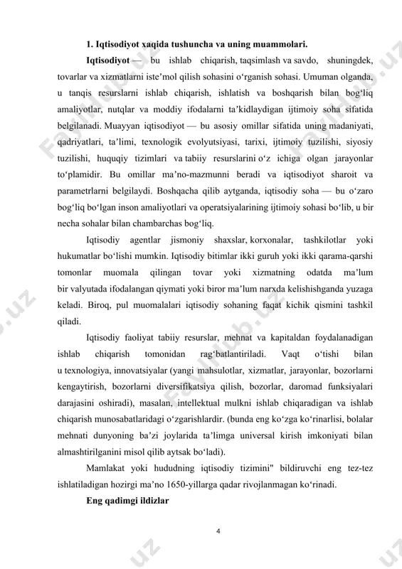 i nazaridan keyinchalik iqtisodiyotning eng qadimgi tizimini ishlab chiqdilar. va xususiy mulk. bobilliklar va ularning shahar-davlat qoʻshnilari hozirgi paytda qoʻllanilayotgan fuqarolik jamiyati (huquq) tushunchalari bilan taqqoslanadigan iqtisodiyot shakllarini ishlab chiqdilar. ular sudlar, qamoqxonalar va hukumat yozuvlari bilan toʻldirilgan birinchi maʼlum kodlangan huquqiy va maʼmuriy tizimlarni ishlab chiqdilar. qadimgi iqtisod asosan oʻzboshimcha dehqonchilikka asoslangan edi. shekel birinchi boʻlib semit xalqlari tomonidan ishlatiladigan ogʻirlik va pul birligiga ishora qiladi. bu atamaning birinchi qoʻllanilishi miloddan avvalgi 3000-yillarda mesopotamiyadan kelgan. va kumush, bronza, mis va boshqalar kabi metrikada boshqa qiymatlar bilan bogʻliq boʻlgan arpaning oʻziga xos massasi deb ataladi. arpa/shekel dastlab pul birligi va ogʻirlik birligi edi, xuddi britaniya funti dastlab bir funt kumush massasini ifodalovchi birlik boʻlgan. aksariyat odamlar uchun tovarlar almashinuvi ijtimoiy munosabatlar orqali sodir boʻlgan. bozorlarda ayirboshlagan savdogarlar ham bor edi. hozirgi inglizcha „iqtisod“ soʻzi paydo boʻlgan qadimgi yunonistonda koʻp odamlar erkin egalarining qullari boʻlgan. iqtisodiy munozara kamchilik bilan bogʻliq edi. …