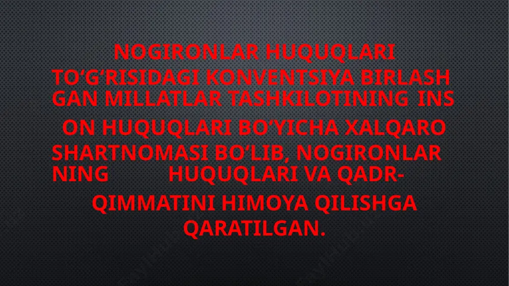 kamsitishning barcha shakllariga barham berish toʻgʻrisidagi konventsiya kabi) oʻnlab yillar davomida amalga oshirilgan faoliyat natijasida yaratilgan 1983-1992-yillarda nogironlar oʻn yilligi oʻtkazildi. 1987-yilda taraqqiyotni tahlil qilish uchun ekspertlarning global yigʻilishi bmt bosh assambleyasiga nogironlarga nisbatan kamsitishlarni bartaraf etish boʻyicha xalqaro konventsiya loyihasini ishlab chiqishni tavsiya qildi konventsiya konturlari loyihasi italiya va keyinchalik shvetsiya tomonidan taklif qilingan, ammo konsensus (yakuniy kelishuv)ga erishilmagan. hukumat vakillarining koʻpchiligi inson huquqlari boʻyicha mavjud hujjatlar yetarli ekanligini taʼkidladi. xalqaro nogironlar kuni (3-dekabr) 1992-yil bosh assambleyaning 47/3 rezolyutsiyasi bilan eʼlon qilingan 2000-yil mart oyida oltita xalqaro nogironlik nodavlat notijorat tashkilotlari rahbarlari, 20 ga yaqin mintaqaviy va milliy nogironlik tashkilotlari bilan birgalikda barcha hukumatlarni konventsiyani qoʻllab-quvvatlashga chaqirib, „ yangi ming yillikda nogironlarning huquqlari toʻgʻrisida pekin deklaratsiyasi“ ni qabul qildilar[9 2002-2003-yillarda muofiqlashtiruvchi sifatida faoliyat yuritgan yangi zelandiya oxir-oqibat muvaqqat qoʻmita raisining rasmiy rolini oʻz zimmasiga oldi va 2006-yil avgust oyida iordaniya, kosta-rika, chexiya va janubiy qoʻmitaning boshqa aʼzolari(afrika, shuningdek, koreya …