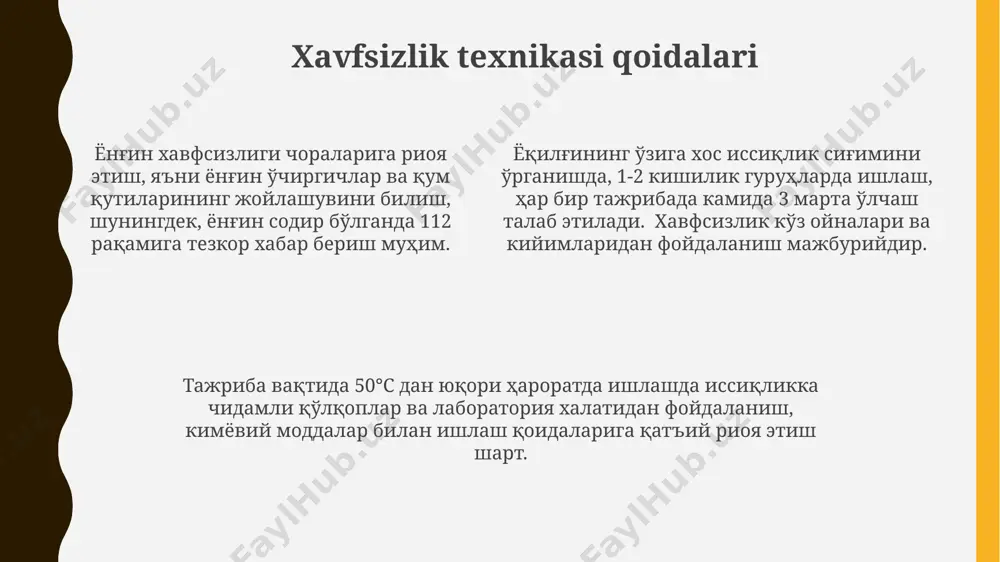 onish issiqligi orasidagi farqlarni 2 baravar aniqroq tushunishga yordam beradi. darsning samaradorligini oshirish usullari mavzuga oid 3d modellashtirish va animatsion videolarni qo'llash orqali o'quvchilarning tushunchasini 15-20% ga oshirish va murakkab jarayonlarni sodda tarzda tushuntirish mumkin. interfaol o'yinlar va testlar (masalan, kahoot!, quizizz) orqali o'quv jarayonini 20-30% ga qiziqarli va dinamik qilib, mavzuni yaxshiroq o'zlashtirishga yordam beradi. o'quvchilarni 5-7 kishilik guruhlarga bo'lib, har bir guruhga turli xil yoqilg'ining yonish issiqligi bo'yicha amaliy topshiriqlar berish samaradorlikni oshiradi. xatolar manbalari va ularni bartaraf etish тажрибалар натижаларини таҳлил қилишда 5% дан ортиқ оғишларни сабабларини аниқлаш ва хатоликларни камайтириш учун қўшимча тажрибалар ўтказиш керак. ёқилғининг ўзига хос ёниш иссиқлигини ўрганишда 10-15% хатоликка олиб келадиган тажриба асбобларининг ноаниқлигини камчиликларини аниқлаш ва уларни юқори аниқликдаги асбоблар билан алмаштириш муҳим. ўқувчиларга ёнилғининг ўзига хос ёниш иссиқлигини ҳисоблашдаги формулаларни тушунтиришда 3-5 та амалий мисол ва схемалардан фойдаланиш тушунчани мустаҳкамлайди. qo'shimcha topshiriqlar va mustaqil ishlar o‘quvchilarga 3 ta turli xil …