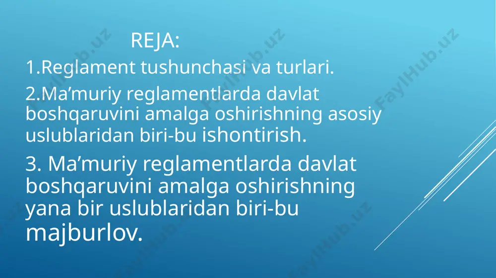 ifalari mazmuni to`g`risida aniq tushuncha hosil qilganida, ularning talablariga rioya qiladilar va qo`llab-quvvatlaydilar, shuningdek, ularni amalga oshirishga ongli va faol ishtirok etadilar. ishontirish uslubi yordamida insonlarning ongiga va irodasiga nazarda tutilgan (belgilangan) ta'sir ko`rsatiladi, huquqiy ko`rsatmalar va boshqaruv subyekti harakatlarining maqsadga muvofiqligiga hamda ularga bo`lgan e'tiborni shakllantirishga erishiladi. majburlov - bu bo`ysinuvchi subyektning irodasini rad etish va uning xulq-atvoriga tashqi ta'sir ko`rsatish hisoblanadi. o`rnatilgan tartibning (ko`rsatmaning) bajarilmaganligi sababli, hokimiyat subyektining irodasi buziladi. hokimiyat subyekti irodasini qayta tiklash va bo`ysinuvga erishish maqsadida, ikkinchi subyektning irodasiga – axloqiy, mulkiy, tashkiliy, jismoniy ta'sir ko`rsatiladi. majburlov orqali – huquq tartibot, mulkchilik, fuqarolar va tashkilotlarning huquqlari va manfaatlari, ommaviy hokimiyatning normal faoliyat yuritishi ta'minlanadi. majburlov - hokimiyatni amalga oshirishning asosiy uslubidir. image1.jpeg image2.png image3.jpeg image4.jpeg image5.jpeg /docprops/thumbnail.jpeg