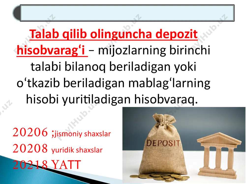 g budjetdan tashqari mablag‘lari asosidagi jamg‘arma depozitlari bo‘yicha foizli xarajatlar 5 50606 jismoniy shaxslarning jamg‘arma depozitlari bo‘yicha foizli xarajatlar 6 50608 xususiy korxonalar, xo‘jalik shirkatlari va jamiyatlarning jamg‘arma depozitlari bo‘yicha foizli xarajatlar 7 50611 davlat korxonalari, tashkilotlari va muassasalarining jamg‘arma depozitlari bo‘yicha foizli xarajatlar 8 50614 chet el kapitali ishtirokidagi korxonalarning jamg‘arma depozitlari bo‘yicha foizli xarajatlar 9 50616 nodavlat notijorat tashkilotlarining jamg‘arma depozitlari bo‘yicha foizli xarajatlar 10 50618 yakka tartibdagi tadbirkorlarning jamg‘arma depozitlari bo‘yicha foizli xarajatlar 11 50621 bank bo‘lmagan moliyaviy muassasalarning jamg‘arma depozitlari bo‘yicha foizli xarajatlar 12 50626 boshqa mijozlarning jamg‘arma depozitlari bo‘yicha foizli xarajatlar muddatli depozitlar bo‘yicha foizli xarajatlar № hv. mazmuni 1 51100 muddatli depozitlar bo‘yicha foizli xarajatlar 2 51101 hukumatning budjetdan tashqari mablag‘lari asosidagi muddatli depozitlari bo‘yicha foizli xarajatlar 3 51103 respublika budjetidan moliyalashtiriladigan budjet tashkilotlarining budjetdan tashqari mablag‘lari asosidagi muddatli depozitlari bo‘yicha foizli xarajatlar 4 51104 mahalliy (tuman/shahar viloyat yoki qoraqalpog‘iston respublikasi) budjet hisobidan moliyalashtiriladigan …