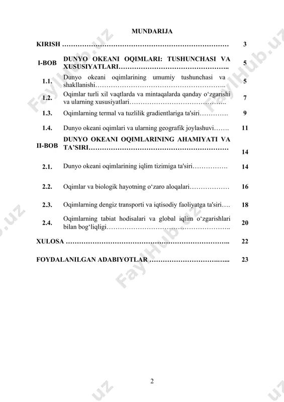 ort xarajatlarini kamaytirishi mumkin. shu bilan birga, okean oqimlarining o‘rganilishi ekologik inqirozlarning oldini olishda, tabiiy ofatlarga tayyorgarlik ko‘rishda va global iqlim o‘zgarishlarini bashorat qilishda muhim ahamiyatga ega. kurs ishining maqsadi: kurs ishining asosiy maqsadi — dunyo okeani oqimlarining shakllanishi, ularning turlari va iqlim va ekologiya bilan bo‘lgan aloqasini o‘rganish, shuningdek, ularning xalqaro iqtisodiyotdagi ahamiyatini tahlil qilishdir. ushbu maqsadga erishish uchun okean oqimlarining tabiiy jarayonlar, iqtisodiy va ekologik sohalarga ta’sirini chuqur tahlil qilish rejalashtirilgan. kurs ishining vazifalari: 1. okean oqimlari tushunchasini va ularning shakllanishini o‘rganish; 2. dunyo okeanidagi asosiy oqimlar turlarini va ularning iqlimga ta’sirini tahlil qilish; 3. okean oqimlarining dengiz ekologiyasi, baliqchilik va qishloq xo‘jaligiga ta’sirini o‘rganish; 4. okean oqimlarining iqlim tizimlaridagi o‘rni va global iqlim o‘zgarishlariga ta’sirini tahlil qilish; 5. okean oqimlarining iqtisodiy ahamiyatini, shu jumladan dengiz transporti va energetika sohasidagi rolini o‘rganish; 6. okean oqimlarining kelajakdagi o‘zgarishlarini prognoz qilish va ekologik xavflarni kamaytirish strategiyalarini ishlab chiqish. kurs ishining …