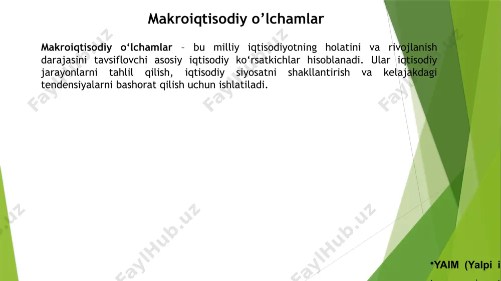 ammolari ichki logistika va transport tizimlarining rivojlanmaganligi eksport va ichki savdoga to‘sqinlik qiladi. bu ishlab chiqarish tannarxini oshiradi. 3. imkoniyatlar (opportunities) – rivojlanish uchun sharoitlar 🔹 xorijiy investitsiyalarni jalb qilish imkoniyati ko‘plab davlatlar investitsiyalarni jalb qilish maqsadida soliqlarni kamaytirish, qulay biznes muhitini yaratish kabi islohotlar olib bormoqda. xalqaro investorlar yangi bozorlarni izlamoqda va bu milliy iqtisodiyot uchun katta imkoniyatdir. 🔹 eksport imkoniyatlarining kengayishi jahon bozoriga chiqish uchun xalqaro savdo bitimlari va bojxona shartlarini yaxshilash milliy ishlab chiqaruvchilar uchun yangi bozorlarni ochishi mumkin. 🔹 innovatsion va raqamli iqtisodiyotning rivojlanishi zamonaviy texnologiyalar va startap loyihalarining rivojlanishi iqtisodiyotga ijobiy ta’sir ko‘rsatishi mumkin. 🔹 transport va infratuzilmani rivojlantirish ko‘plab davlatlarda logistika va transport tizimining rivojlanishi eksport-import imkoniyatlarini kengaytiradi. 4. tahdidlar (threats) – iqtisodiy xatarlar ⚠ jahon iqtisodiyotidagi beqarorlik moliyaviy inqirozlar yoki global iqtisodiy pasayish milliy iqtisodiyotga bevosita ta’sir qiladi. ⚠ inflyatsiya va valyuta qadrsizlanishi inflyatsiyaning yuqori darajasi aholi xarid qobiliyatini pasaytiradi, bu esa ichki …