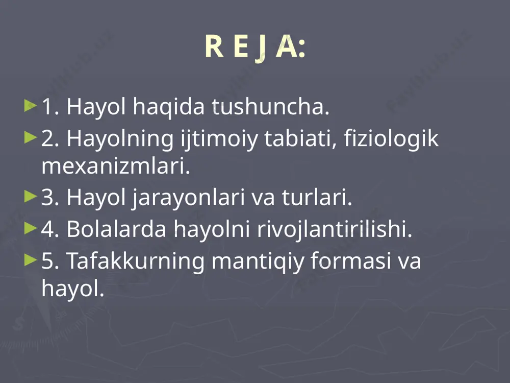 i po`stlog`i bilan birga qatnashuvchi miyaning ana shunday chuqur qismlari gipotalam-limbik (uning qadimsgi po`stloq va po`stoq osti qismlari bilan bog`lanishi miya yarim sharlarga chiqaverishda oldingi qismi atrofida «limb» yoki chegara hosil bo`ladi) sistemadir. eksprimentlardan shu narsa aniqlagandiki, gipotalam - limbik sistema zararlanganda, kishi psixikasida o`ziga xos buzilishi sodir bo`ladi: odamning xatti-harakatlari guyo ma’lum programma bilan boshqarilayotgan va bir biri bilan bog`lanmagan alohida-alohida shu bilan birga o`z-o`ziga etarli darajada murakkab va bir butun harakatlardan iboratdek tasavvur tug`iladi. hayolning turlari tushlar – uyquda yuzaga keladigan ixtiyorsiz obrazlar bo`lib, ular tez unitilishi yoki uzoq muddatga saqlanishi mumkin. orzu – inson ongidagi real va noreal tasavvurlar bilan bog`liqdir. aktiv hayol – insonning hayotiy rejalarini, xohish – istaklarini amalga oshirishda o`z aksini topadi. masalan: yangi avtomabil yaratish, gess qurilishi rejasini tuzish shularga misoldir. reproduktiv hayolda aniq real vazifani amalga oshirish maqsad qilib qo`yiladi. unda fantaziya elementlari mavjud bo`ladi. produktiv (ijodiy) hayol - bizning tajribamizda mavjud …