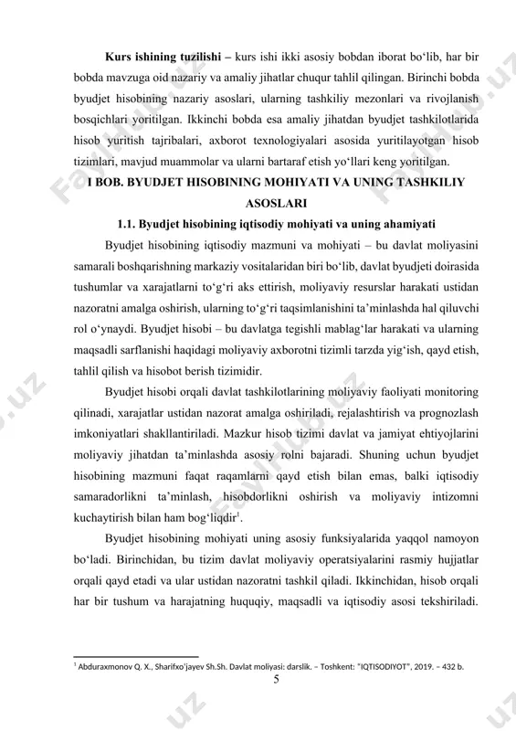 ri moliyaviy operatsiyalarini yagona standart va tartiblar asosida yuritadi. bu esa butun davlat moliya tizimida shaffoflik, hisobdorlik va tartiblilikni ta’minlaydi. hisob tizimi nafaqat o'tgan davrdagi moliyaviy harakatlarni aks ettiradi, balki kelgusidagi rejalashtirish va tahlil uchun asosiy axborot manbai bo‘lib xizmat qiladi. byudjet hisobining yana bir muhim jihati – bu resurslardan oqilona foydalanishga yordam berishidir. davlat har bir sohada – ta’lim, sog‘liqni saqlash, mudofaa, ijtimoiy himoya kabi yo‘nalishlarda belgilangan mablag‘lar doirasida faoliyat yuritishi lozim. hisob tizimi ushbu chegaralarning buzilmasligiga xizmat qiladi, ya’ni belgilangan me’yordan ortiq yoki noto‘g‘ri yo‘naltirilgan xarajatlarni oldini olishda zaruriy nazorat vositasiga aylanadi. byudjet hisobining iqtisodiy mohiyati davlat boshqaruvini samarali olib borishda yaqqol ko‘zga tashlanadi. masalan, bir viloyatdagi barcha davlat tashkilotlarining yillik byudjet hisoboti asosida markaziy moliya organlari umumiy byudjet tahlilini o‘tkazadi, soliq tushumlarining o‘sish sur’ati, xarajatlarning samaradorligi, ijtimoiy loyihalarga yo‘naltirilgan mablag‘larning maqsadli ishlatilganligi aniqlanadi. bu esa keyingi yillardagi byudjet rejalashtirishga asos yaratadi[footnoteref:2]. [2: abduvahobov a.a. byudjet tizimi va …