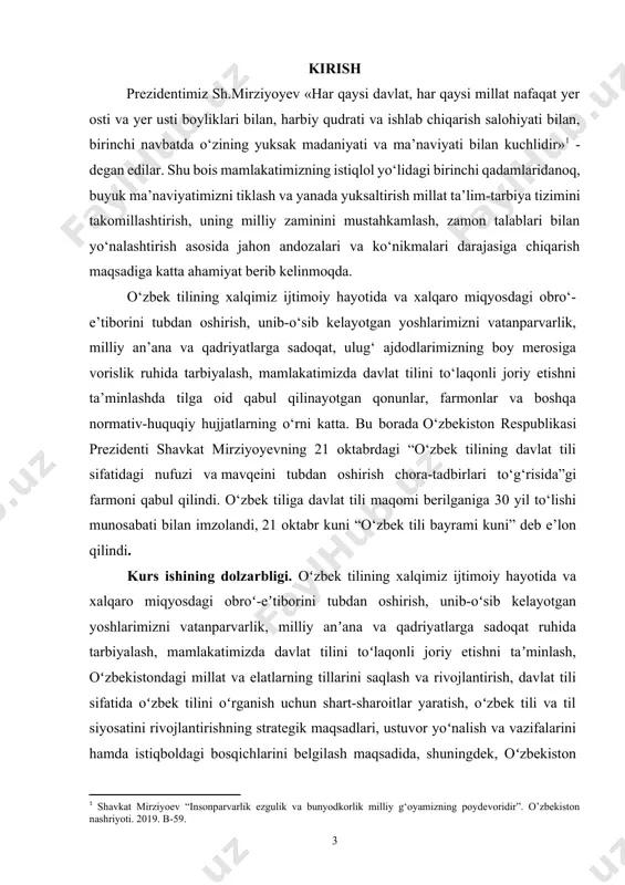 riyoti. 2019. b-59.] o‘zbek tilining xalqimiz ijtimoiy hayotida va xalqaro miqyosdagi obro‘-e’tiborini tubdan oshirish, unib-o‘sib kelayotgan yoshlarimizni vatanparvarlik, milliy an’ana va qadriyatlarga sadoqat, ulug‘ ajdodlarimizning boy merosiga vorislik ruhida tarbiyalash, mamlakatimizda davlat tilini to‘laqonli joriy etishni ta’minlashda tilga oid qabul qilinayotgan qonunlar, farmonlar va boshqa normativ-huquqiy hujjatlarning o‘rni katta. bu borada o‘zbekiston respublikasi prezidenti shavkat mirziyoyevning 21 oktabrdagi “o‘zbek tilining davlat tili sifatidagi nufuzi va mavqeini tubdan oshirish chora-tadbirlari to‘g‘risida”gi farmoni qabul qilindi. o‘zbek tiliga davlat tili maqomi berilganiga 30 yil to‘lishi munosabati bilan imzolandi, 21 oktabr kuni “o‘zbek tili bayrami kuni” deb e’lon qilindi. kurs ishining dolzarbligi. oʻzbek tilining xalqimiz ijtimoiy hayotida va xalqaro miqyosdagi obroʻ-eʼtiborini tubdan oshirish, unib-oʻsib kelayotgan yoshlarimizni vatanparvarlik, milliy anʼana va qadriyatlarga sadoqat ruhida tarbiyalash, mamlakatimizda davlat tilini toʻlaqonli joriy etishni taʼminlash, oʻzbekistondagi millat va elatlarning tillarini saqlash va rivojlantirish, davlat tili sifatida oʻzbek tilini oʻrganish uchun shart-sharoitlar yaratish, oʻzbek tili va til siyosatini rivojlantirishning …