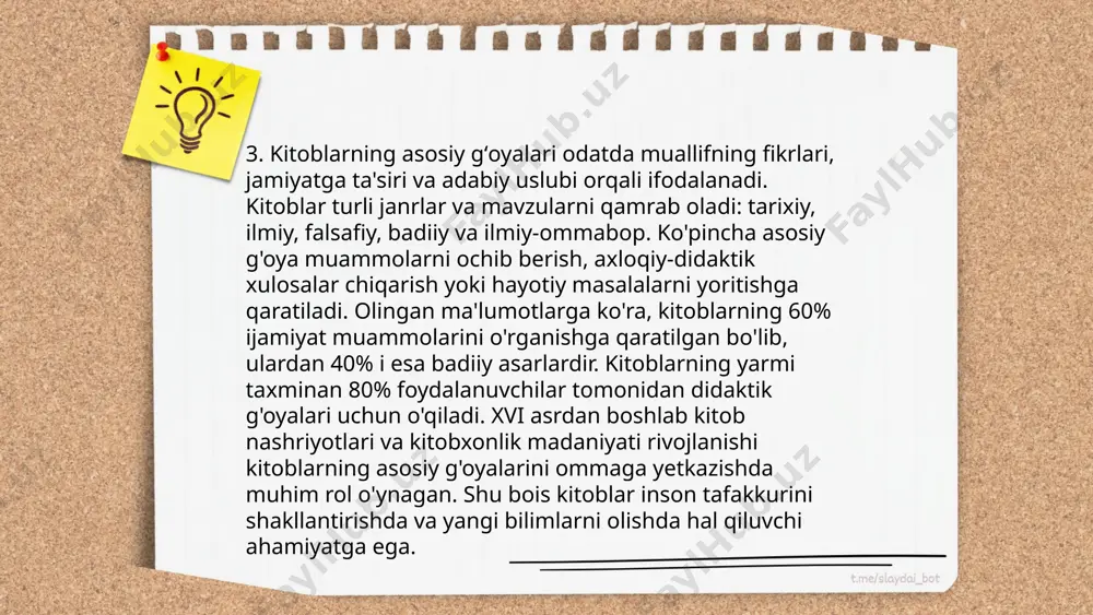 . narmatovning ijodi oʻzbekistonning milliy adabiyoti rivojida muhim rol oʻynagan. uning ijodida milliy qadriyatlar, insoniy tuygʻular va ijtimoiy masalalar keng yoritilgan. narmatov oʻz asarlarida koʻpincha tarixiy voqealar, xalq hayoti va madaniyatini aks ettiradi. uning ijodiyurtushining eng ko'rsatkichli asarlaridan biri "iztirob" romani boʻlib, bu asar oʻzbek adabiyotida muhim oʻrin egallagan. shuningdek, usmon narmatov koʻplab sheʼrlar, dostonlar va hikoyalar muallifi boʻlib, ular oʻzbek kitobxonlari tomonidan sevib oʻqiladi. ... t.me/slaydai_bot kitoblarning janr xususiyatlari turli kategoriyalar orqali aniqlanadi, bu har bir janrning o'ziga xos xususiyatlari va mantiqiy asoslariga bog'liq. estetik, mavzuiy, stilistik va struktura xususiyatlari asosida jami janrlarni farqlash mumkin. badiiy adabiyot janrlari haqida gapirganda, asosiylari qissa, roman, hikoya, drama va esa'dan iborat. ilmiy-ommabop adabiyotda esa ensiklopediya, monografiya, maqola va taqdimotlar muhim rol o'ynaydi. diniy janrlar ko'pincha diniy matnlar va muqaddas kitoblarda topiladi. har bir janr o'zining tili, sarlavhasi, mavzusi va strukturasiga ko'ra aniq aniqlanish imkoniyatini beradi, bu kitobxonlarga turli janrlardagi asarlarni anglash va …
