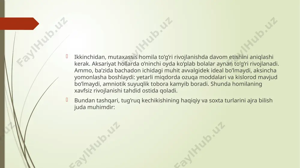 ar kesish jarohligidan so'nggi chandiq bachadondagi miocktomiyadan keyingi chandiq faol genital gerpes homila dumbasi bilan oldida kelishi chanoqning struktur deformatsiyasi bachadon bo’yin invaziv ko’rsatma ayolning qarshiligi 8 tekshirish usullari : umumiy qon taxlillari qon guruhi va rezurs omillari kaogulogramma • qin ajralmasi surtmasi] bachadon utt (homila joylashishi. vazni.bpo'/bpr. etilganligi, qo'g'onoq suvlari miqdori) homila- yo'idosh qon aylanishini doppler tekshirish • imkon bo'isa induksiya vaqtida to'lg'oq boshlanishidan homila ktg si somatik kasalliklari turiga qarab qo'shimcha tekshirishlar monitoring: ona ahvoli ( umumiy ahvoli, aqb. ps, tana harorati) homilaning yurak urushi tug'ruq faoliyatining kechishi bachadon bo ynining holati homila joylashishi va o'ichamlari qog'anoq suvlari mavjudligini baholash tug'ruq induksiyasining asoratlari: giperstimulyasiya - bachadon yorilishi homila ahvolining yomonlashuvi bachadon atoniyasi bilan bog'liq qon ketishi kindik tizimchasining tushib qolishi yo'ldosh ko chishilnfeksiya instrumental tug' ruqlar sonining ortishi. infeksiya /docprops/thumbnail.jpeg