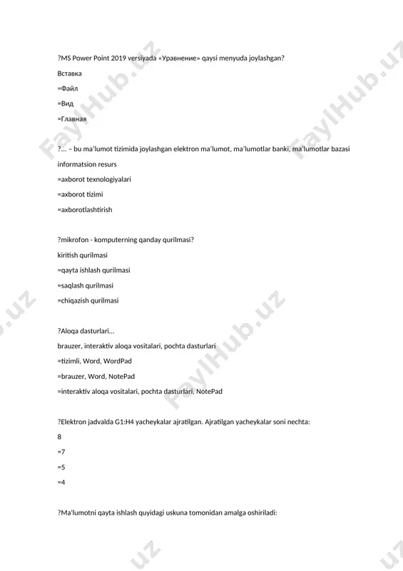 tish qurilmasi =skaner, sichqoncha, monitor, chop etish qurilmasi =sichqoncha, tezkor xotira, flesh ?excel 2019 dasturi fayllarining kengaytmasi? *.xlsx = *.docx = *.ebü =*.xlssx ?yacheyka bu ... . ? jadvaldagi manzili ko’rsatiladigan qator va ustun kesishgan joy =jadvaldagi birinchi va ikinchi qatorlar oralig’ida joylashgan elemenlardir =jadvaldagi ustunlar oralig’ida joylashgan elemenlardir =jadvaldagi qator kesishmasi oralig’ida joylashgan elementdir ?l7 deb nomlangan yacheyka manzilini izoh qiling ? l- ustun va 7-qator kesishmasida joylashgan yacheyka =7 ustun va l -qator kesishmasida joylashgan yacheyka =l ustun va 6-qator kesishmasida joylashgan yacheyka =l qator va 7-ustun kesishmasida joylashgan yacheyka ?excel 2019 da qaysi bo'limda shrift tanlanadi? ”главная"--"шрифт" =“данные"-"число" =“главеая"-"стиль" =“файл"-"шрифт" ?microsoft excel dasturida xujjatni saqlash qaysi menyu amallari orqali bajariladi? файл menyusidan сохранить buyrug’i tanlanadi. =файл menyusidan создать buyrug’i tanlanadi =файл menyusidan печать buyrug’i tanlanadi =вид menyusidan создать buyrug’i tanlanadi ?excel dasturi xujjatni saqlash usuli? ctrl s =ctrl x =ctrl p =altf5 ?yacheykaga qanday qiymatlarni yozish mumkin? …
