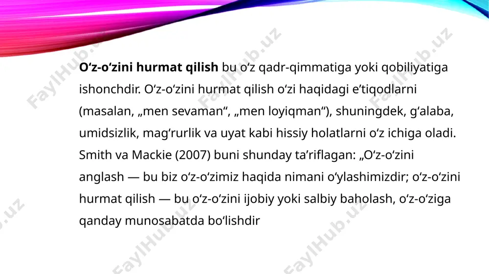 oladi moddiy oʻzini oʻzi qadrlash tana va mol-mulkning tasviri va oʻziga nisbatan tavsiflovchi tasvirlar va baholovchi dispozitsiyalarning ruhiy oʻzini oʻz ichiga oladi. shaxsning oʻziga boʻlgan munosabati yigʻindisi sifatida oʻz-oʻzini hurmat qilishning bunday qarashi bugungi kungacha saqlanib qolgan. 1960-yillarning oʻrtalarida ijtimoiy psixolog morris rosenberg oʻz-oʻzini hurmat qilishni oʻzini oʻzi qadrlash hissi deb taʼrifladi va ijtimoiy fanlarda oʻz-oʻzini hurmat qilish uchun eng keng tarqalgan shkala boʻlgan rosenberg oʻzini oʻzi hurmat qilish shkalasini (rses) ishlab chiqd. psixologiyaning asosiy metodlari aniq izlanish predmetiga ega bo’lgan har qanday fan o’sha predmetining mohiyatini yoritish va materiallar to’plash uchun maxsus usullar va vositalardan foydalanadi va ular fanning metodlari deb yuritiladi. fanning salohiyati va obro’si ham birinchi navbatda o’sha metodlar yordamida to’plangan ma’lumotlarning ishonchliligi va validliligiga bog’liq bo’ladi. bu fikrlar bevosita psixologiyaga ham aloqador bo’lib, metodlar masalasi bu fanda juda katta ahamiyatga molik masala sifatida qaraladi chunki yuqorida ta’kidlaganimizdek, psixik hodisalarni bevosita qo’l bilan ushlab, ko’z bilan ilg’ab, …