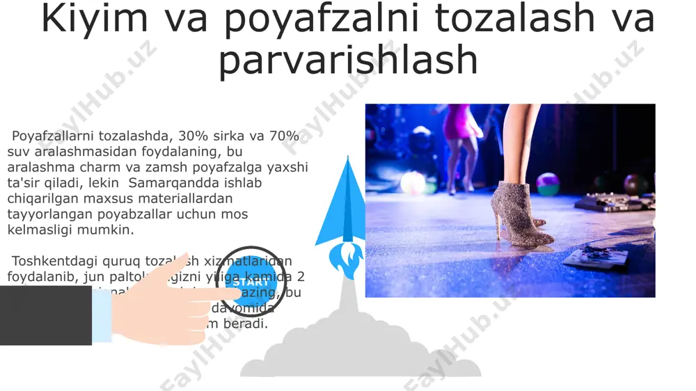 dan himoya qilish uchun, 1-2 oyda bir marta kiyimlaringizni quyosh nurida 2-3 soat davomida tozalashni unutmang. qo‘shimcha ravishda, lavlagi yoki archa yog‘idan foydalaning. poyafzal turini hisobga olgan holda saqlash sport poyafzallari, ayniqsa, 3-4 juft, yaxshi havalanadigan joyda, masalan, ochiq javonda, toza va quruq holda saqlanishi, ularning uzun umr ko'rishini ta'minlaydi. namlik darajasi 20% dan oshmasligi juda muhim. baland poshnali poyafzallarni, 8 sm dan yuqori poshnali tuflilarni, vertikaldagi maxsus turga yoki qutiga joylashtirish shaklini tanlash, ularning deformatsiyasini oldini olishda samarqanddagi ko'plab butiklarda qo'llaniladigan samarali usul hisoblanadi. 06 05 04 kiyimlarni saqlashning umumiy qoidalari 01 02 kiyimlaringizni 5 yildan ortiq vaqt davomida saqlamasligingizni tavsiya etamiz, chunki ular modasi eskirishi va sifatini yo'qotishi mumkin. eski kiyimlarni xayriya tashkilotlariga yoki qayta ishlash punktlariga, masalan, toshkentdagilarga topshirishingiz mumkin. paxta va zig'ir matolardan tikilgan kiyimlarni toza va quruq joyda, namlik darajasi 50-60% bo'lgan shkaflarda saqlang. namlik yuqori bo'lsa, mog'or paydo bo'lishi mumkin. mato turlariga qarab saqlash …