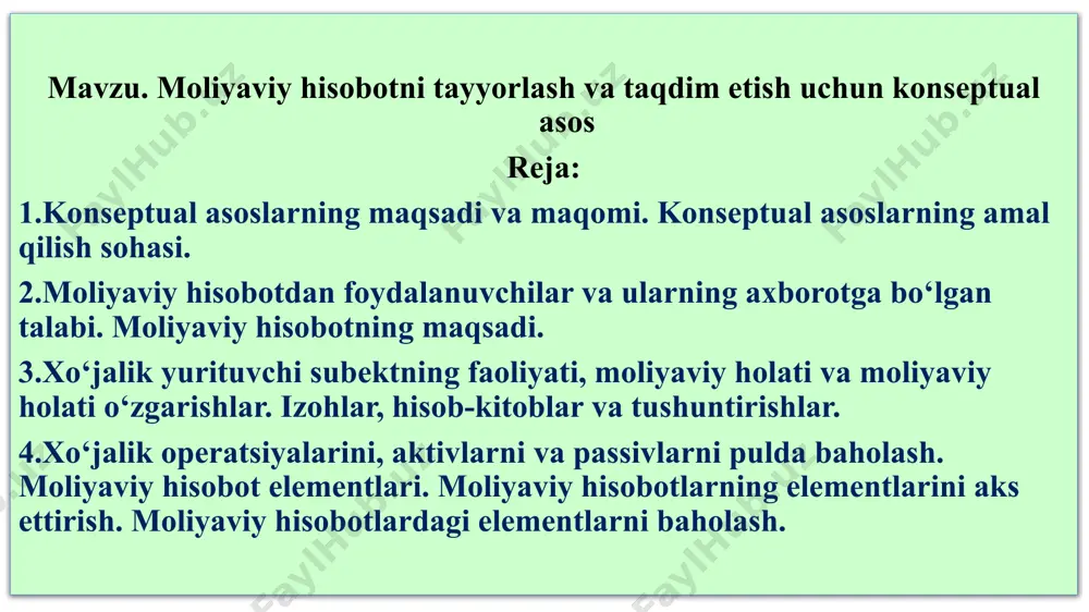 arni belgilab beradi. mazkur konsepsiyaning maqsadi quyidagilarga yordam berishdan iborat: buxgalteriya hisobi va moliyaviy hisobot tizimini tartibga soluvchi davlat organi о‘zbekiston respublikasi moliya vazirligiga — buxgalteriya hisobi milliy standartlarini (keyingi о‘rinlarda bhms) rivojlantirish va ularni qayta kо‘rib chiqishda; moliyaviy hisobotni tayyorlovchi shaxslarga — bhms dan foydalanishda; auditorlarga — moliyaviy hisobotlarni bhms mos kelishi bо‘yicha xulosalarni tayyorlashda; moliyaviy hisobotdan foydalanuvchilarga — moliyaviy hisobotdagi ma’lumotlarni tahlil qilishda. konseptual asoslarning amal qilish sohasi quyidagilar mazkur konseptual asoslarning asosiy jihatlaridir: -moliyaviy hisobotning maqsadi; - buxgalteriya hisobi va moliyaviy hisobot prinsiplari; - moliyaviy hisobotlarning elementlarini ta’riflash, tan olish va о‘lchash. konseptual asos moliyaviy hisobotga, shu jumladan konsolidatsiyalashgan moliyaviy hisobotga aloqadorligini belgilab beradi. buxgalteriya hisobining tashkil qilishning meyoriy manbalari quyidagilardan iborat: : «buxgalteriya hisobi tо‘g‘risida»gi qonuni (2016 yil 13aprel) buxgalteriya hisobi milliy standarti (bhms) qonun 32 ta moddadan iborat bugungi kunda 24 ta bhms lari qabul qilingan “mahsulot (ish, xizmat) larni ishlab chiqarish va sotish xarajatlari …