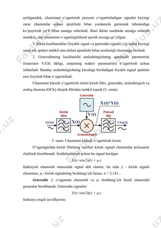 . aralashtirgich signallar ko‘paytirgichi hisoblanadi. aralashtirgich chiqishida x(t) · y(t) funksiyali murakkab signal hosil bo‘ladi. sin α · cos β = ½ (sin(α + β) + sin(α - β)) trigonometrik nisbat hisobga olinganda, tushunarli bo‘lib qoladiki, aralashtirgich chiqishidagi signal f1 + f2 va f1 - f2 chastotalarli va mos boshlang‘ich fazalarli sinusoidal signallar yig‘indisidan iborat bo‘ladi. oraliq chastota filtri (bu radiotexnikadagi an’anaviy nom) f1 + f2 yoki f1 - f2 chastotalar komponentlaridan birini ajratish uchun mo‘ljallangan. agar f1 + f2 chastotani o‘tkazadigan filtr qo‘llansa, u holda mos chastotani o‘zgartirish jarayoni chiqish signalining chastotasini kirish signalining chastotasiga nisbatan oshirish bilan bilan bo‘lib o‘tadi. agar f1 - f2 chastotani o‘tkazadigan filtr qo‘llansa, u holda o‘zgartirish jarayoni chiqish signalining chastotasini kirish signalining chastotasiga nisbatan kamaytirish bilan bilan bo‘lib o‘tadi. chastota o‘zgartirgichining (cho‘) funksional sxemasi va am-signal spektrini o‘tkazish grafiklari 6- rasmda keltirilgan. ( f о r f s f get f get u …