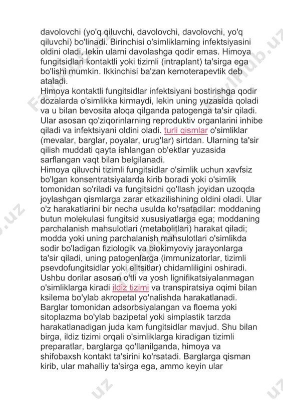 ida harakat qila olmaydigan fitopatogenlarni yo'q qiladi. ular faqat mahalliy (mahalliy) penetratsion ta'sirga ega, masalan, bir barg yuzasidan ikkinchisiga, urug'lar ichida va boshqalar. qattiqlashtiruvchi kontaktli fungitsidlarni selektiv va selektiv bo'lmagan (uzluksiz) preparatlarga bo'lish mumkin. birinchisi nafaqat reproduktiv, balki qo'ziqorinning vegetativ organlarini ham bostiradi. optimal konsentratsiyalarda foydalanilganda, ular o'simliklarga zarar bermasdan, allaqachon bosib olgan patogenlarni bostiradi. ularning samaradorligi patogenning o'simlik to'qimalariga kiritilganidan keyin o'tgan vaqtga bog'liq. qoida tariqasida, u 48-72 soatdan oshmaydi. davolovchi kontaktli selektiv bo'lmagan fungitsidlar patogenlarning reproduktiv, vegetativ va qishlash (yoki harakatsiz) shakllarini bostiradi. fungitsiddan tashqari, ular gerbitsid va insektitsid ta'sirga ega. tizimli shifobaxsh fungitsidlar o'simliklarga kirib, so'riladi, ildizdan poyaga va barglarga, bir bargdan ikkinchisiga va boshqalarga xavfsiz kontsentratsiyalarda harakat qiladi va fungitsid joylashgan joydan uzoqroqda to'qimalarga kirib borgan patogenlarni yo'q qiladi. qo'llaniladi. ga muvofiq kimyoviy tabiat fungitsidlarga bo'linadi antibiotiklar (biofugitsidlar), organik va noorganik. qo'llash usullariga qarab, quyidagi asosiy guruhlar ajratiladi: vegetativ o'simliklarni davolash uchun; uyqu holatida qayta ishlash …