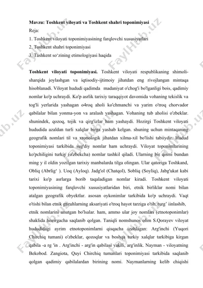 toshkent viloyati va toshkent shahri toponimiyasi — DOCX
