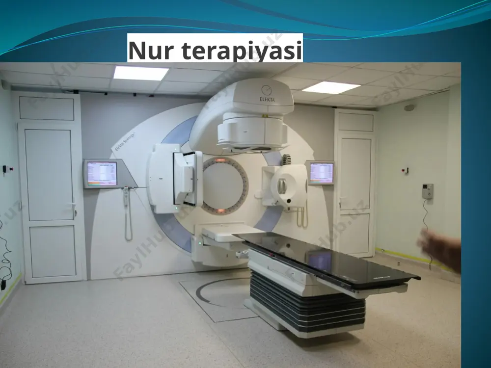 nlovchi nurlarning katta miqdori qoʼllaniladi. bunda organizmning nurga nisbatan mahalliy va umumiy turli reaktsiyalari kuzatilishi mumkin. reaktsiya kuchli boʼlsa darhol shifokor tomonidan koʼrsatmalar beriladi. nur bilan davolash natijasining ijobiy boʼlishi asosan bemorning shifokor koʼrsatmalariga rioya etishiga bogʼliq kechadi. bilish muhimki, onkologik kasalliklar, masalan bachadon boʼynidagi, toʼgʼri ichak va oʼpkadagi, teri va koʼkrak bezlaridagi, shuningdek bosh miyadagi xavfli oʼsmalarni davolashda nur terapiyasi mustaqil davo chorasi sifatida tavsiya etiladi. oʼsmalarni nur bilan davolashda asosan ikki xil nur manbalaridan foydalaniladi. 1.zaryadlangan zarralar tezlatgichlari (rentgen asboblar, siklik va chiziqli tezlatgichlar). 2.sunʼiy radioaktiv moddalar (gamma moslamalar, radioaktiv moddalar). nur bilan davolashning ikki xil: tashqi (distantsion) va ichki (kontaktli) yoʼnalishi mavjud. аmaliyotda tashqi nur berish koʼproq qoʼllaniladi. nur bilan davolashning ikki xil: tashqi (distantsion) va ichki (kontaktli) yoʼnalishi mavjud. аmaliyotda tashqi nur berish koʼproq qoʼllaniladi. image2.jpeg image3.jpeg image4.jpeg image5.jpeg