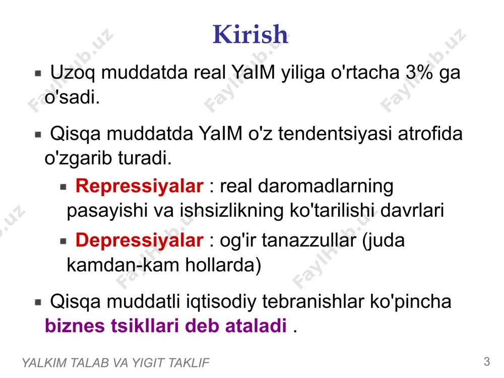 kengayish davrida biz ishsizlik darajasi pasayib borayotganini ko'ramiz - firmalar ishlab chiqarishni ko'paytirar ekan, ularga ko'proq ishchilar kerak bo'ladi. birliklar: ishchi kuchi ulushi (mavsumiy tuzatilgan) asli manba: aqsh mehnat departamenti, mehnat statistikasi byurosi men bu ma'lumotlarni topgan veb-sayt: http://research.stlouisfed.org/fred2/ seriyasi "unrate" eslatma: manba ma'lumotlari oylik edi. matnning 1c-rasmiga muvofiq bo'lish uchun men choraklik ma'lumotlarni chizdim, bu erda har choraklik qiymat uchta oylik qiymatning oddiy o'rtacha ko'rsatkichidir. yalkim talab va yigit taklif ‹#› kirish , davom etdi bu tebranishlarni tushuntirish qiyin, iqtisodiy tebranishlar nazariyasi esa munozarali. aksariyat iqtisodchilar tebranishlarni o'rganish uchun yalpi talab va yalpi taklif modelidan foydalanadilar. bu model iqtisodchilar uzoq muddatni tushuntirish uchun foydalanadigan klassik iqtisodiy nazariyalardan farq qiladi. ‹#› ‹#› agar siz ushbu bobning taqdimotini qisqartirishni istasangiz, bu slaydni kesishingiz mumkin. bu ma'lumotni faqat og'zaki bayon qilish yaxshi bo'lardi. yalkim talab va yigit taklif ‹#› klassik iqtisod - xulosa oldingi boblar klassik iqtisod g'oyalariga asoslanadi, xususan: klassik dixotomiya …