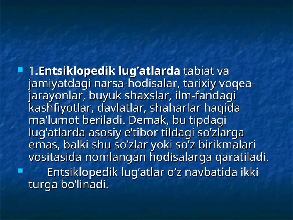 iddinov, k.kokren, m.saidxonov, a.sobirov, d.quronov, 2001), "turkcha-o’zbekcha, o’zbekcha-turkcha lug’at" (nizomiddin mahmud, ertug’ul yaman, 1993) shular jumlasidandir. tanlangan tillar miqdoriga ko’ra lug’atlar bir tilli, ikki tilli va ko’p tilli bo’ladi: "adabiyotshunoslik terminlari lug’ati" (h.homidiy, sh.abdullaeva, s.ibrohimova, 1967) bir tilli; "ruscha-o’zbekcha va o’zbekcha-ruscha geografiya terminlari lug’ati" (h.h.xasanov, 1964), "adabiyotshunoslikdan qisqacha ruscha-o’zbekcha terminologik lug’at" (n.t.hotamov, 1969), "ruscha-o’zbekcha botanika terminlarining qisqacha izohli lug’ati" (q.z.zokirov, m.n.nabiev, o’.pratov, h.a.jamolxonov, 1963), "ruscha-o’zbekcha lug’at" (v.v.reshetovning umumiy rahbarligida, 1972) kabilar ikki tilli; "lotincha-o’zbekcha-ruscha normal anatomiya lug’ati" (a.a.asqarov, h.z.zohidov, 1964). "botanikadan ruscha-o’zbekcha entsikopedik lug’at"ga (q.z.zokirov, h.a.jamolxonov) ilova qilingan "botanik nom va terminlarning o’zbekcha-ruscha-lotincha so’zligi" (201-254-betlar) hamda "botanik nom va terminlarning lotincha-ruscha-o’zbekcha so’zligi" (255-294-betlar), "zoologiya entsiklopediyasi"ga (t.z.zohidov) ilova qilingan "sut emizuvchilarning o’zbekcha-lotincha-ruscha nomlari" (1960, 210-228 betlar) hamda "suvda va quruqlikda yashovchilar va sudralib yuruvchilarning o’zbekcha-lotincha-ruscha nomlari" (1969, 195-226 betlar) esa ko’p tilli lug’atlardir. ikki tilli va ko’p tilli lug’atlardan asosan tarjimachilikda foydalaniladi. shu sababli ular tarjima lug’atlari deb ham yuritiladi. so’z …