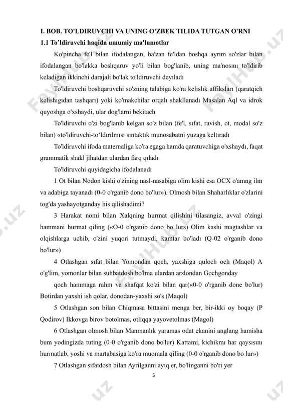 i to'shunishning yaxshi tomonlan ko'p ko'nnadıklı, to'ldiruvchi birinchi gapda kesimga (olib kel), akkanchhi gapda to'ldiruvcluga (olib kelıslı), uchinchi gapda egaga (keltırısh), to'rtinchi gapda aniqlovchiga (tushunishning) bog'langan kesimga bog'langanda han undag: pm ma'nolariga emas, balk: w ga tortilach uning ma'nosını oydumlashtirishga xizmat qıladı to'ldiruvchi qaysi gap bo'lagiga aylanıslıdan qat'i nazar, shu bo'lak fodalanayotgan fe'lning ma'nosını muayyanlashtıradı to'ldiruvchi so'z kengaytiruvchısı bo'lganlıgı bois u kengaytirayotgan ma'nosi muayyanlashayotgan so'z gap bolağı maqomiga ega bo'lmasligi ham mumkin. yuqorida aytılganidek, kesım, ega hol gaping konstruktiv bo'laklan bo'lib, to'ldiruvchi va aniqlovchi bo'lakning bo'laklan sıfatıda keladı bu, ayıqsa kengaygan ravishdosh, sıfatdosh, harakat nomı gap bo'laklan modelıga ega bo'lganda yaqqol ko'zga tashlanadı e'tibor bering. i shalola kitobni keltirdi 2 kecha kitobni do keltirgan. shalola bugun kelmadı bınınchi gapda kitobim to'ldiruvchisi kesunga bog'langan ikkinchi gapda esa amqlovchuga (keltırgan) tobelangan binnchi gapda to'ldiruvchi kesim (keltırdı) ning emas, balkı uning tarkibiy qısımı bo'lgan keltır fe'lı ma'nosım izohlagan va gap bo'lagining bo'lagiga dæældordar …
