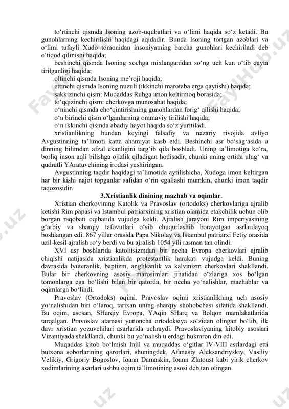 hakllanishi, aqidalarining tartibga solinishi, cherkov munosabatlarining ishlab chiqilishi, diniy tabaqalar tuzumining vujudga kelishi milodning iv asr boshlarida, yani 324 yili xristianlik rim imperiyasida davlat dini deb e’lon qilinganidan so‘ng amalga oshirildi. 325 yili tarixda birinchi marta rim imperatori litsiniya imperiya hududidagi xristian jamoalarini o‘zaro kelishtirish va tartibga solish maqsadida nikeya shahrida i butun olam xristian soborini (o‘tkazilgan 21 sobordan birinchisi) chaqirdi. bu soborda «e’tiqod timsoli»ning (credo) dastlabki tahriri qabul qilingan, pasxani bayram qilish vaqti belgilangan, ariychilik qoralangan (ariy aleksandriya shahridan chiqqan ruhoniy; 318 yilda o‘g‘il-xudo va ota-xudoning yagona mohiyati haqidagi cherkov ta’limotiga qarshi chiqib, isoning ilohiy xususiyatlari va shon shuhrati jihatidan ota-xudodan keyin turadi, chunki ota-xudo azaliy va abadiy, isoni u yaratgan deb targ‘ib qilgan). 20 ta kanon, jumladan, aleksandriya, rim, antioxiya, quddus, mitropolitlarining imtiyozlari to‘g‘risidagi qoidani ishlab chiqqan. 381 yili konstantinopolda ii butun olam xristian sobori bo‘lib o‘tdi. bu soborda nikeyada qabul qilingan «e’tiqod timsoli»ga aniqlik kiritish, ariychilar, evnomiychilar, …