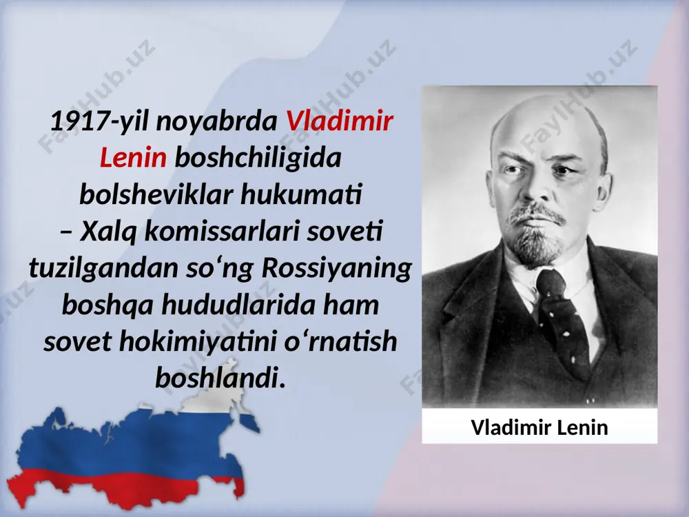 i vladimir lenin vafot etgandan so‘ng davlatda iosif stalin va uning safdoshlari asosiy rol o‘ynay boshladi. ular nep o‘z rolini bajarib bo‘ldi, deb hisobladi va 1927 – 1929-yillarda asta-sekin uni bekor qilish boshlandi. iosif stalin industrlashtirish. 1920-yillar oxiri – 1930-yillar boshida amalga oshirilgan eng muhim tadbir mamlakatni industrlashtirish bo‘ldi. sssrda industrlashtirish og‘ir mehnat evaziga amalga oshirilgan. kollektivlashtirish. 1928 – 1933-yillari sssrda kollektivlashtirish deb nom olgan siyosat amalga oshirildi. buning natijasida qishloqdagi o‘ziga to‘q dehqonlar, yer egalarining barchasi mulkidan mahrum qilindi, ko‘pchiligi quloq sifatida qamaldi, surgun qilindi, qatl etildi. madaniy inqilob. savodsizlikni tugatish, yangi tipdagi sovet maktablari tizimini yaratish, xalq ziyolilari kadrlarini tayyorlash,, xalqning turmush madaniyatini oshirish tarixda «madaniy inqilob» nomini oldi. savodsizlikni tugatish maktablaridan birida dars jarayoni. tashqi siyosat. 1920-yillarda sovetlar tashqi siyosatining asosiy vazifasi yangi hokimiyatning xalqaro miqyosda tan olinishiga erishish bo‘ldi. 1930-yillari jahonda yuz berayotgan jarayonlar sssr xavfsizligiga katta tahdid solayotgan edi. 1931–1932-yillari yaponiya manchjuriyani bosib olib, ikki …