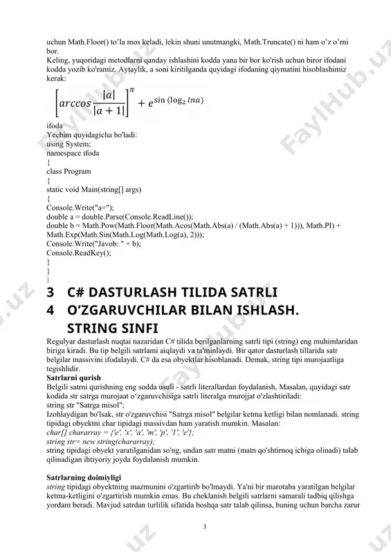 th.log10(100) bizga 2 degan javobni qaytaradi. qiymat qabul qilish va qaytarish double tipida bo'ladi. math.log2() - sonning 2 asosga ko'ra logarifmini hisoblaydi. double tipida qiymat qabul qiladi va qaytaradi. math.max() - ikki sondan kattasini aniqlab beradi. kiruvchi parametr sifatida ixtiyoriy sonli tipdagi ikkita son kiritiladi, bizga ulardan kattasining qiymatini qaytaradi. math.min() - ikki sondan kichigini topadi. kiruvchi parametr sifatida ixtiyoriy sonli tipdagi ikkita son kiritiladi, bizga ulardan kichigining qiymatini qaytaradi. math.pi - bu math sinfining yana bir maydon(field)i hisoblanadi. pi sonining qiymati 3,14159265358979 ni double tipida qaytaradi. math.pow(a,b) - a sonini b-darajaga ko’taradi. kiruvchi parametrda ikkita son asos va daraja double tipida kiritiladi, bizga hisoblangan qiymatni qaytaradi. masalan, math.pow(3,2) 9 ni qaytaradi. math.round() - sonni yaxlitlaydi. 1. agar kiruvchi parametrda bitta son math.round(a) ko’rinishida kiritilsa, a ni butun songacha yaxlitlangan qiymatini qaytaradi. 2. agar ikkita son math.round(a,b) ko’rinishida kiritilsa, a sonni verguldan keyin b ta xonagacha yaxlitlangan qiymatini qaytaradi. faqat …