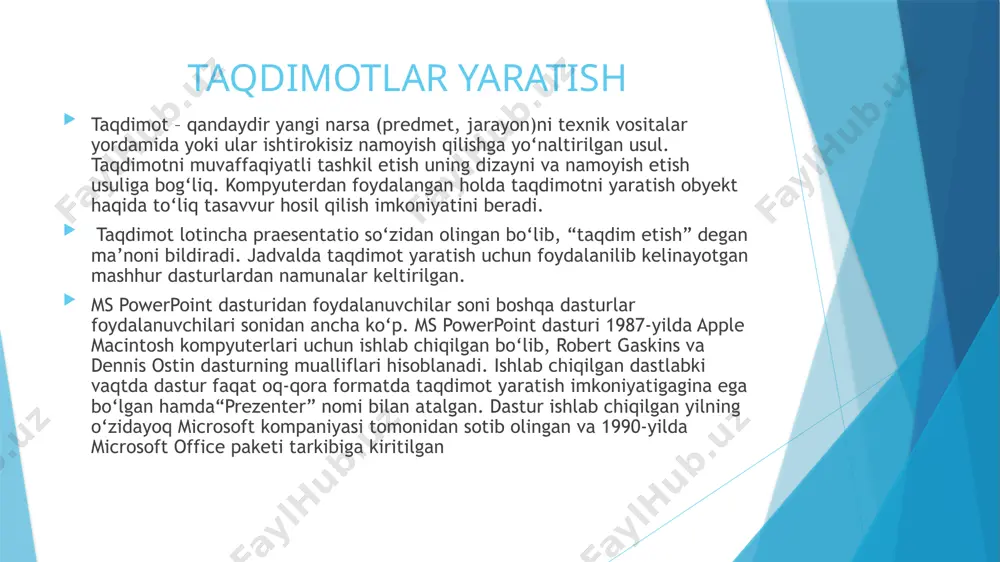 ungi kunda eng ommabop usullardan biriga aylandi. agar taqdimotda ovozli va videoaxborotlardan o‘rinli foydalanilsa, taqdimot yanada jozibali hamda esda qolarli bo‘lishi aniq. taqdimot slaydiga videofayllarni joylashtirish multimedia – kompyuterning matn, grafik, ovozli va videomaʼlumotlar bilan ishlashiga imkon beruvchi qismi (dasturlar va qurilmalar). tayanch tushunchalar powerpoint 2003 versiyasidan boshlab taqdimotga videoma’lumotlarni joylashtirish imkoniyati paydo bo‘ldi. 2003-versiyasida avi hamda wmv formatlaridangina foydalanish imkoniyati mavjud bo‘lgan bo‘lsa, powerpoint 2019 versiyasida 6 xil formatdagi videoma’lumotlar bilan ishlash imkoniyati mavjud. bular: asf, avi, mp4, mpg, swf hamda wmv. powerpoint 2013 versiyasida esa taqdimotga youtubedan videolarni joylashtirish imkoniyati paydo bo‘lgan. taqdimotda videofayllarga murojaatni gipermurojaat o‘rnatish yoki ushbu videoni slaydga joylashtirish orqali amalga oshirish mumkin. bu ikkala usulda video joylashtirishning farqi quyidagi jadvalda izohlangan: etiboringiz uchun raxmat image1.jpg image2.jpg image3.jpg image4.jpg /docprops/thumbnail.jpeg