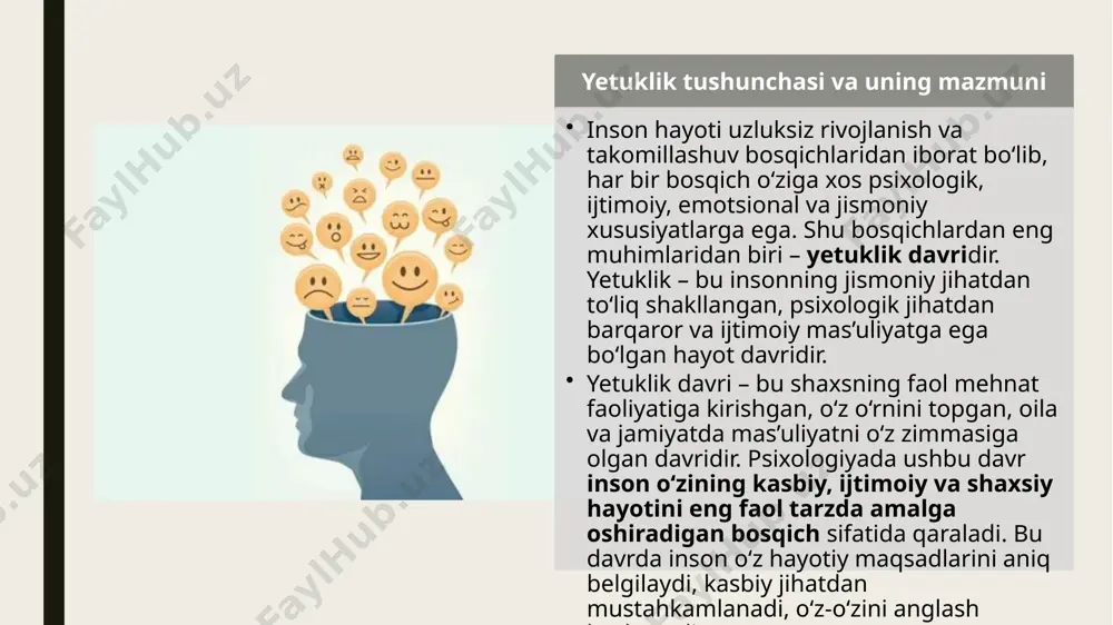 echsa, insonda ichki barqarorlik, o‘ziga ishonch, mustaqillik, hayotdan mamnunlik holatlari paydo bo‘ladi. mustaqillik va mas’uliyat hissining kuchayishi yetuklik davridagi inson avvalambor mustaqil qaror qabul qilishga o‘rganadi. bu davrda quyidagilarga nisbatan mas’uliyat sezilarli darajada kuchayadi: oilaviy masalalar: oila qurish, turmush o‘rtog‘i tanlash, farzandlar tarbiyasi. kasbiy faoliyat: ish tanlash, lavozim o‘sishi, moliyaviy mustaqillik. shaxsiy qarorlar: o‘z hayot yo‘lini belgilash, hayotiy qadriyatlar shakllanishi. mas’uliyat hissi kuchaygan sayin, inson hayotga jiddiy qaraydi, vaziyatlarga ongli ravishda yondashadi. psixologik jihatdan bu – o‘ziga va boshqalarga nisbatan mas’uliyatli bo‘lish, qarorlarni puxta o‘ylab amalga oshirish, narsalarni qadrlay olish, o‘z xatolarini tan olish va to‘g‘rilashga harakat qilish demakdir. hissiy barqarorlik va emotsional yetuklik yetuklik davrining muhim psixologik belgilari – bu hissiy holatlarning barqarorlashuvi va emotsional o‘zini tuta olishdir. yosh yetuklar: stresslarga chidamli bo‘ladi. qiyin vaziyatlarda muvozanatni saqlay oladi. munosabatlarda o‘z his-tuyg‘ularini boshqara oladi. hissiy portlashlar (asabiylashish, yig‘lash, o‘ch olish) kamayadi. bu davrda odamlar ko‘proq hissiy sabr-toqat, boshqalarni tushunish, hissiy …